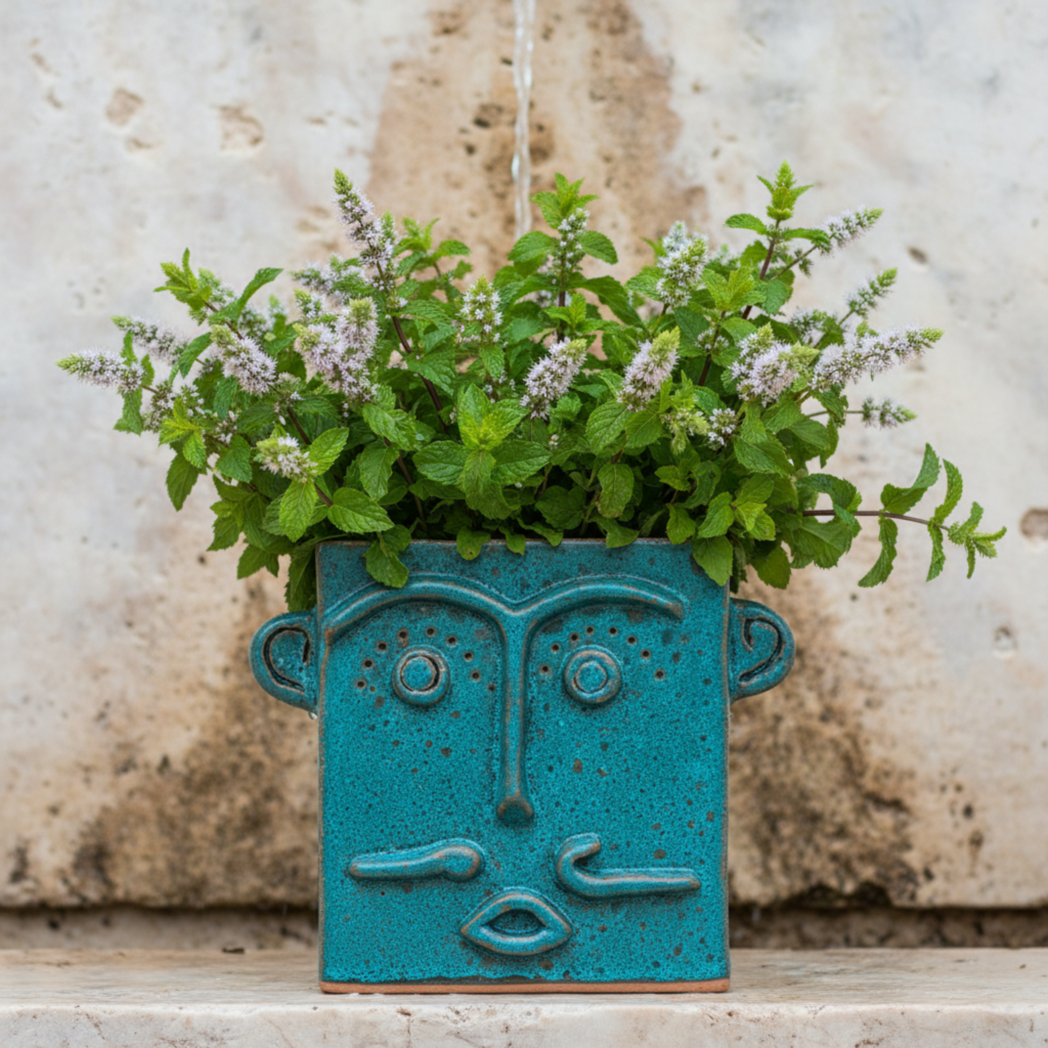 Vase Visage Carré en Céramique – Émail Émeraude Tunisien