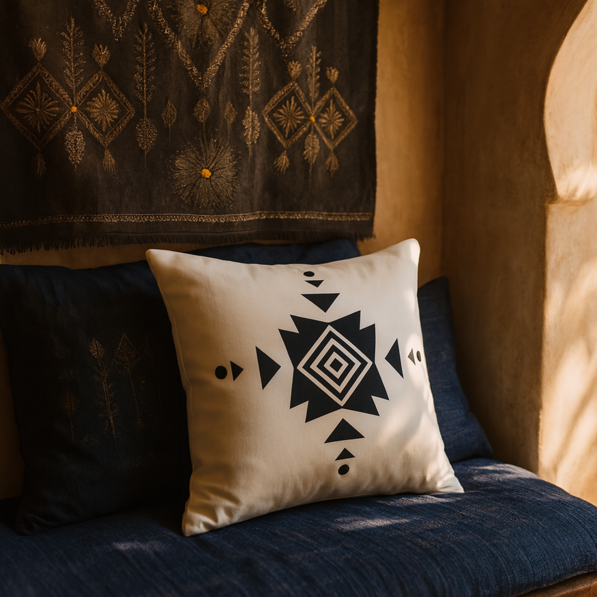 Coussin Bohème Tunisie – Motif Tribal Noir & Blanc | Fiolla Home