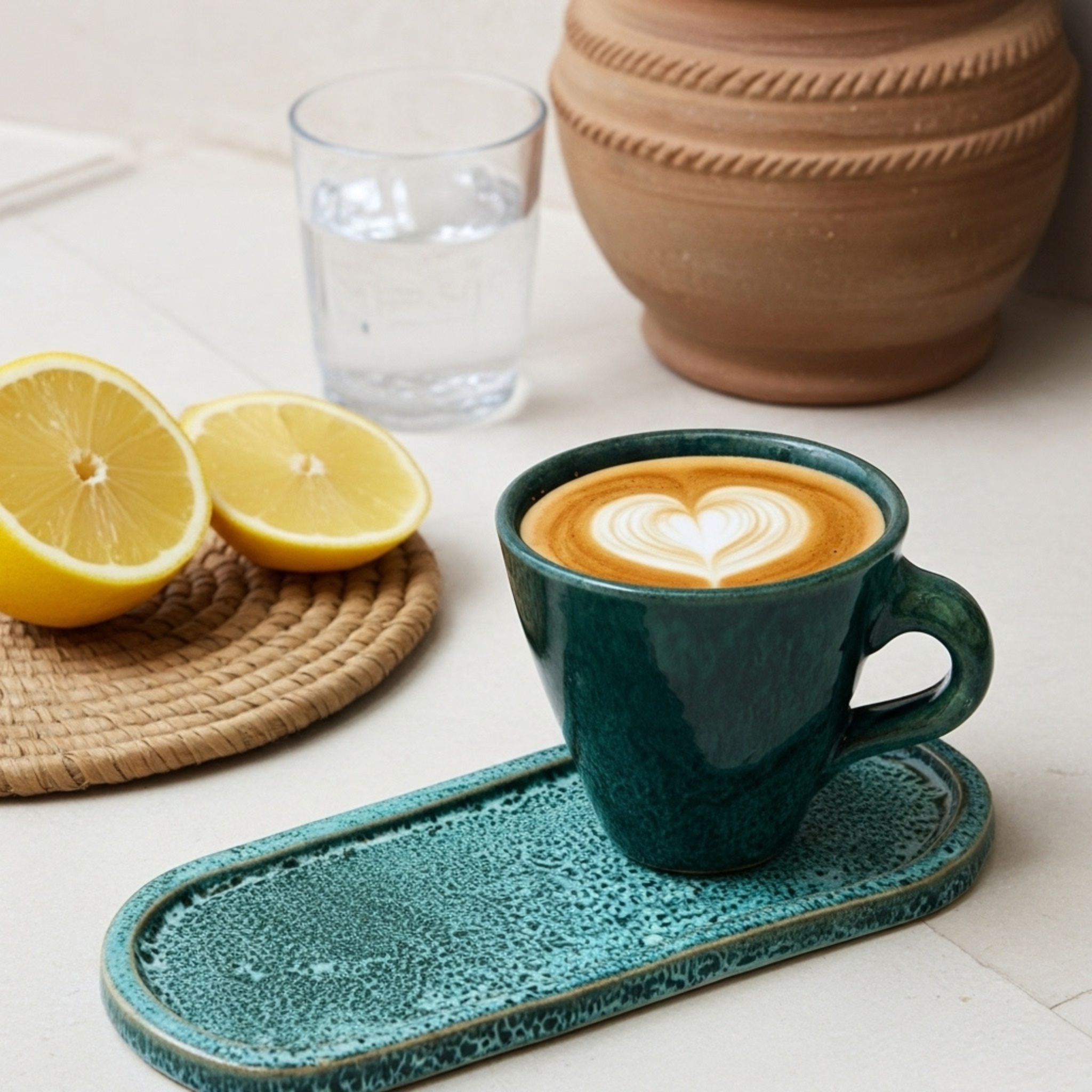 Tasse Café au Lait + Plateau – Céramique Artisanale Verte