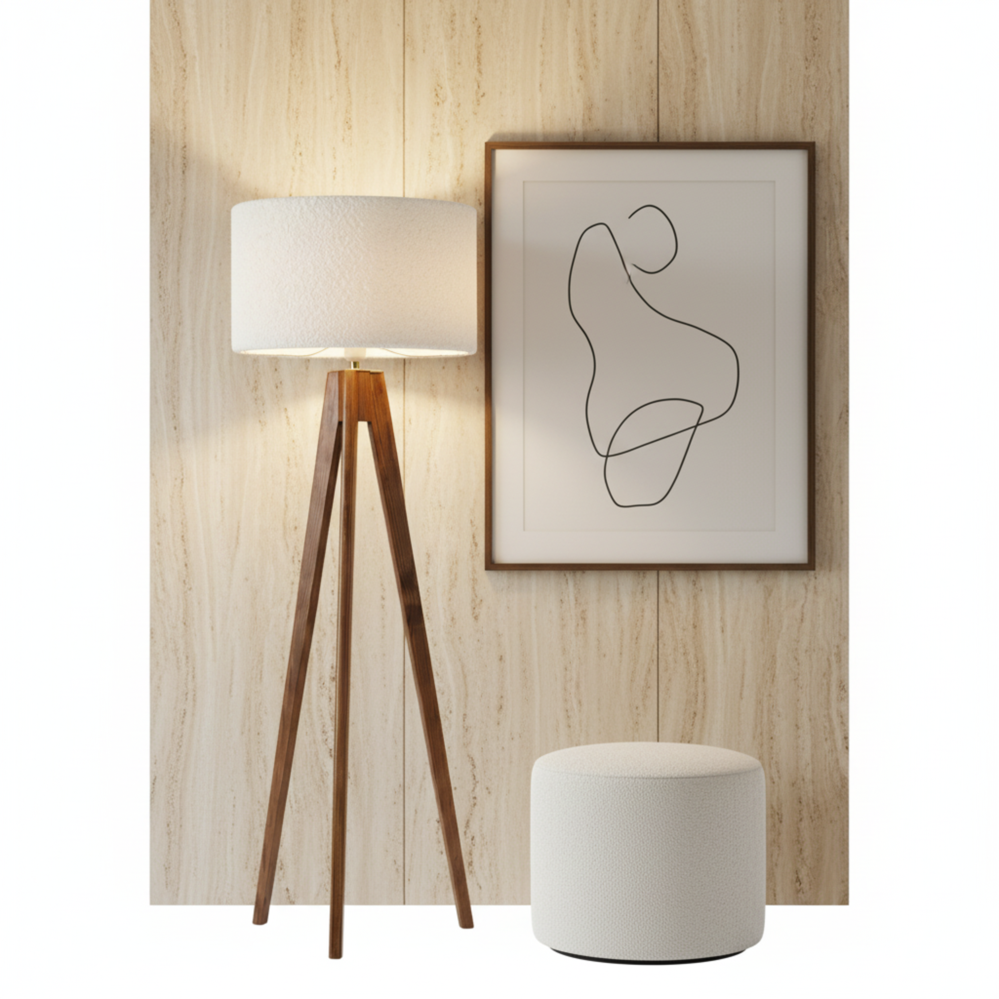 Lampadaire Trépied Scandinave en Bois & Abat-Jour Bouclé – Design Chic