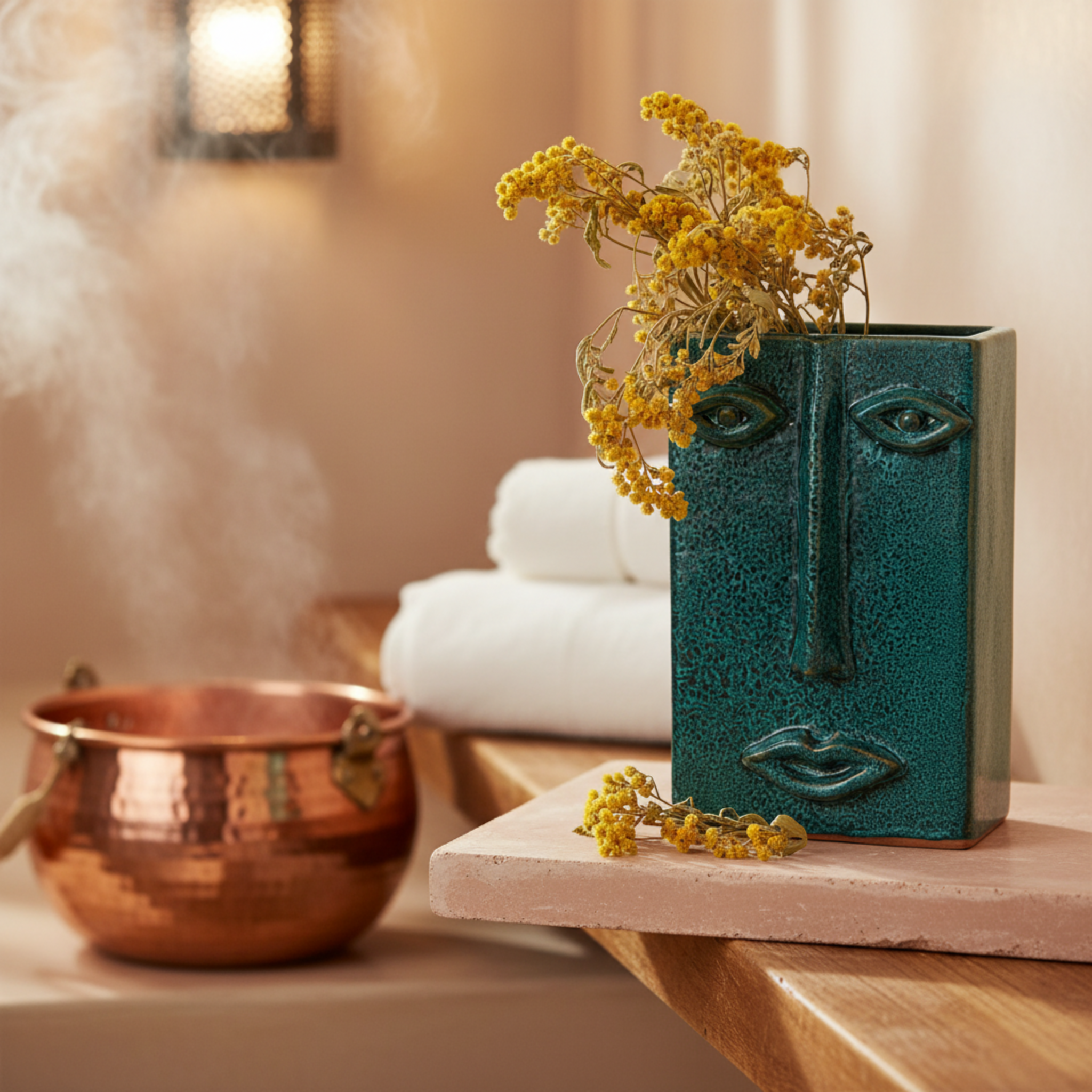 Vase Visage Rectangulaire en Céramique – Émeraude Tunisien