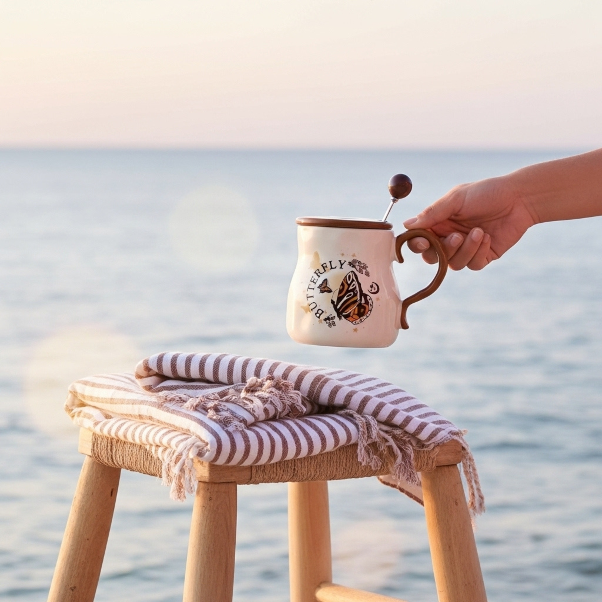 Mug Butterfly Bohème – Céramique Crème, Couvercle Caramel