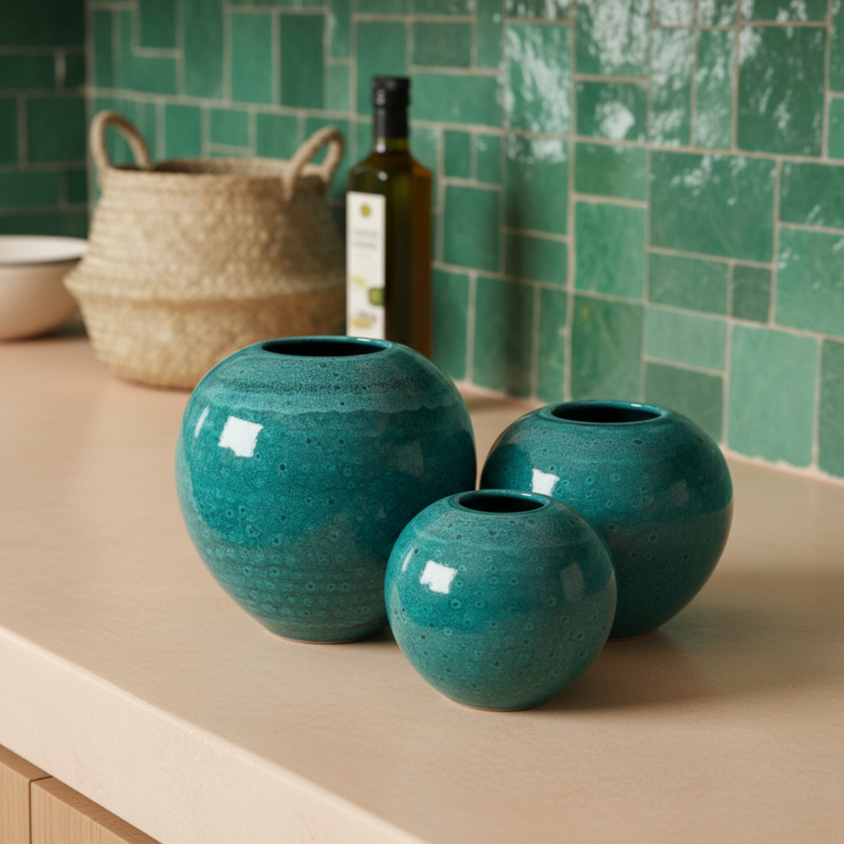 Vases en céramique émaillée – Vert méditerranéen (lot de 3)