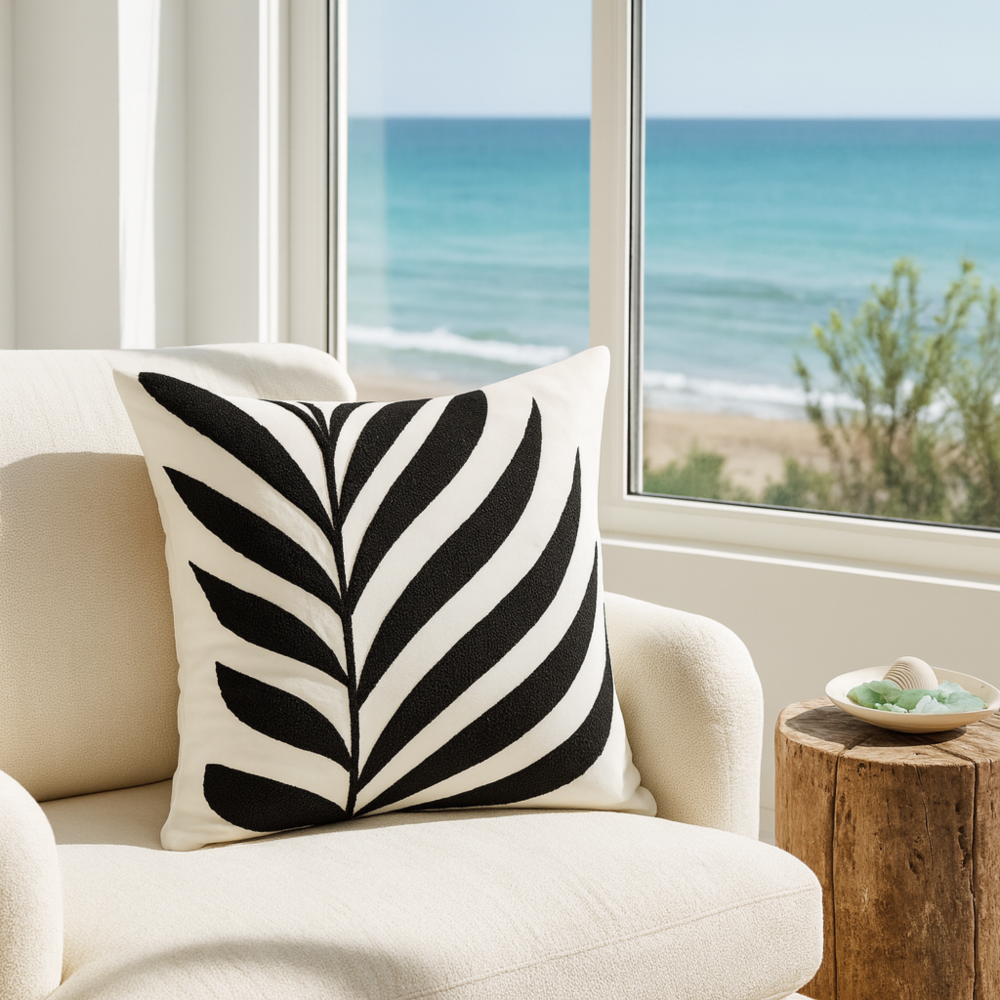 Coussin Décoratif Tunisie – Motif Feuille Noir & Blanc | Fiolla Home