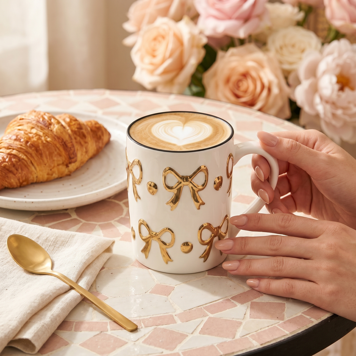 Mug Céramique Nœud Doré Tunisie | Tasse Café Luxe | Fiolla Home