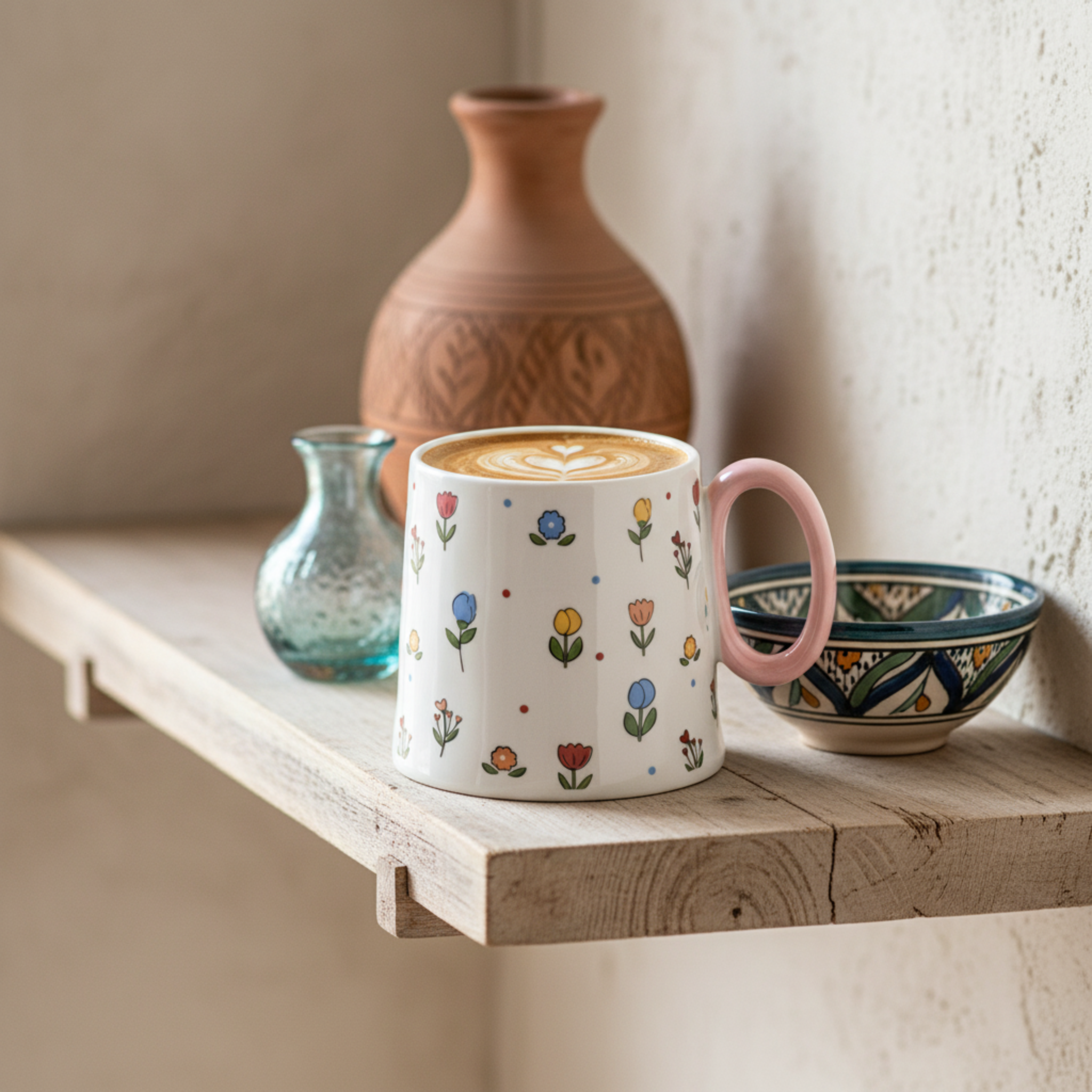Mug Céramique "Printemps Fleuri" – Tasse Design Floral & Anse Rose