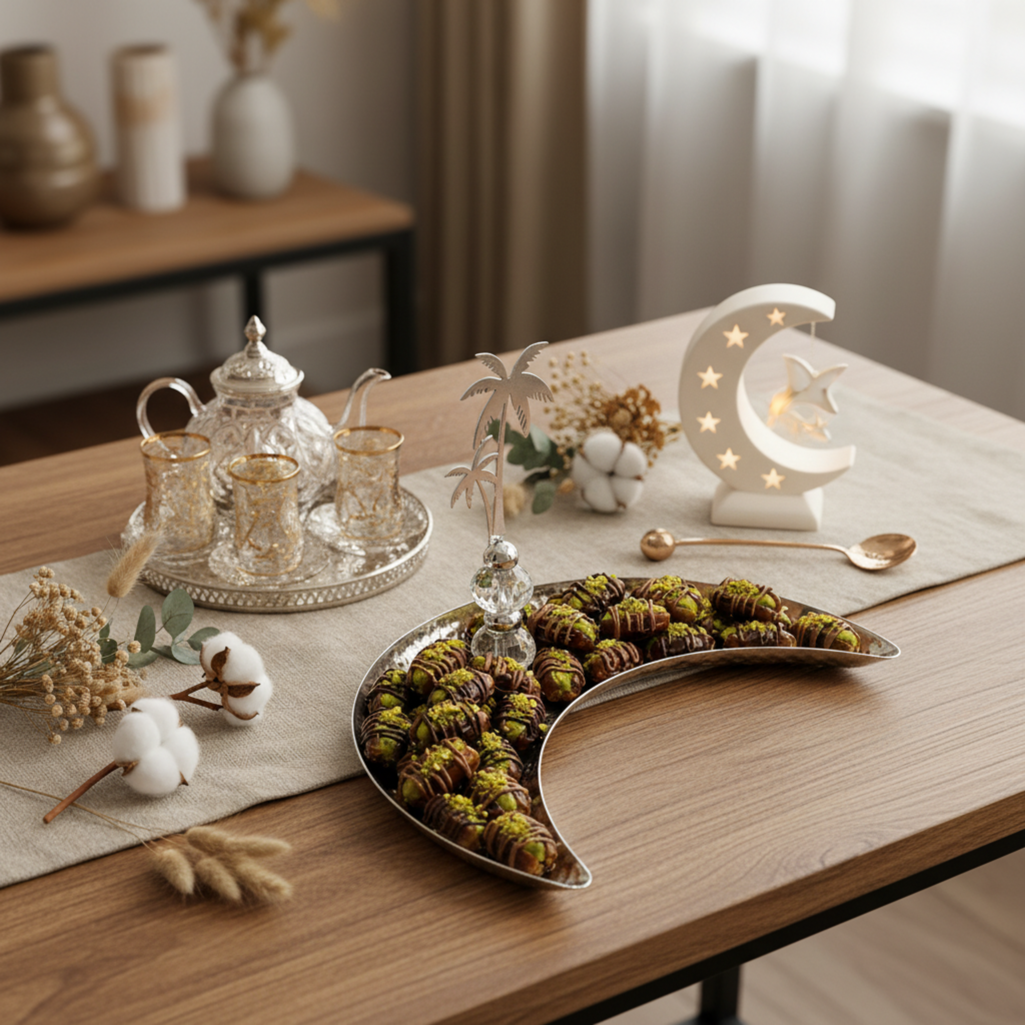 Plateau Croissant de Lune Argenté & Palmier – Déco Table Ramadan