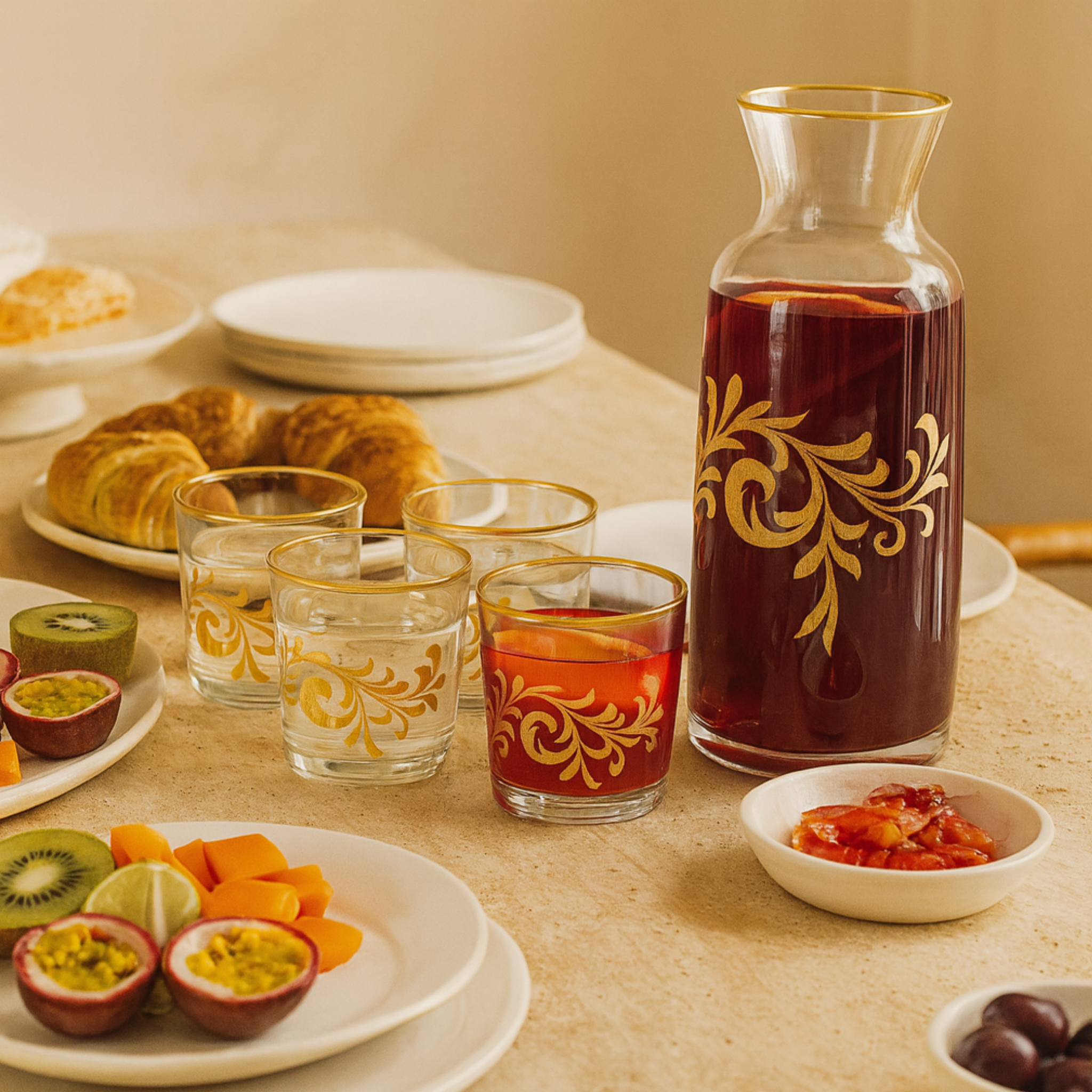 Service Eau/Jus Cristal Doré | Carafe + 6 Verres | Fiolla Home