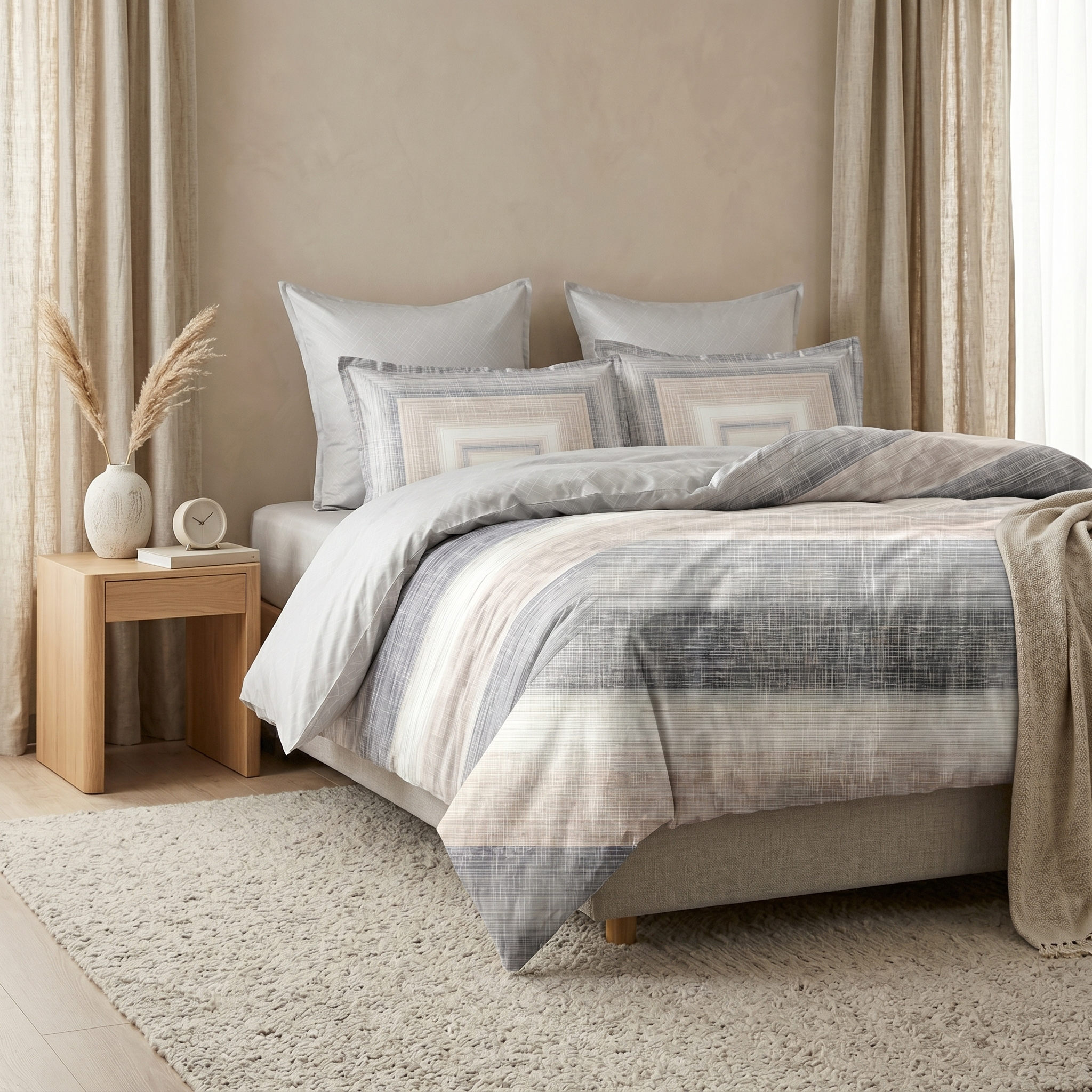 Ensemble Parure de Lit Satin Coton Rayures Texturées Gris Beige | Fiolla Home