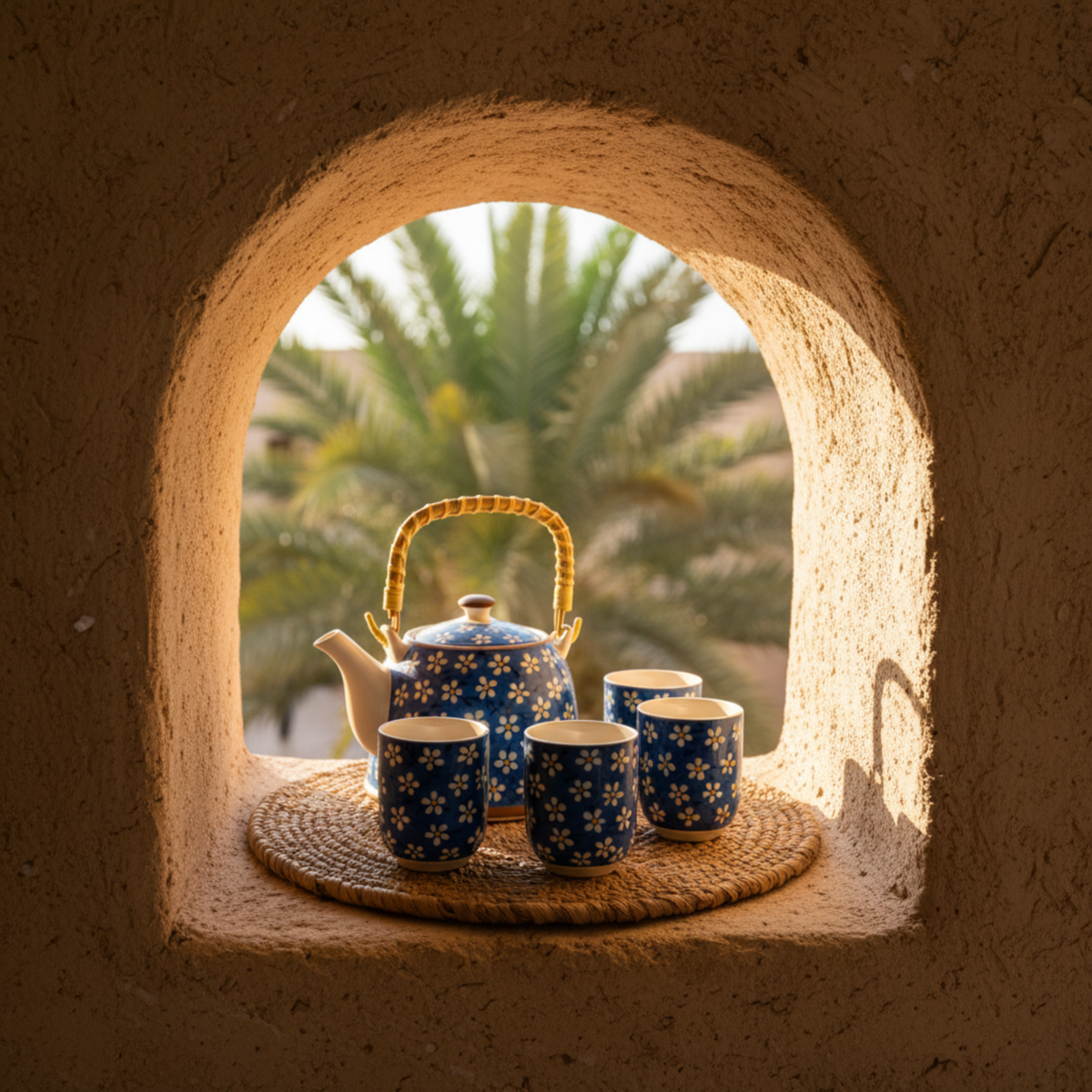 Service à Thé Bleu à Fleurs – Céramique 7 pièces Tunisie