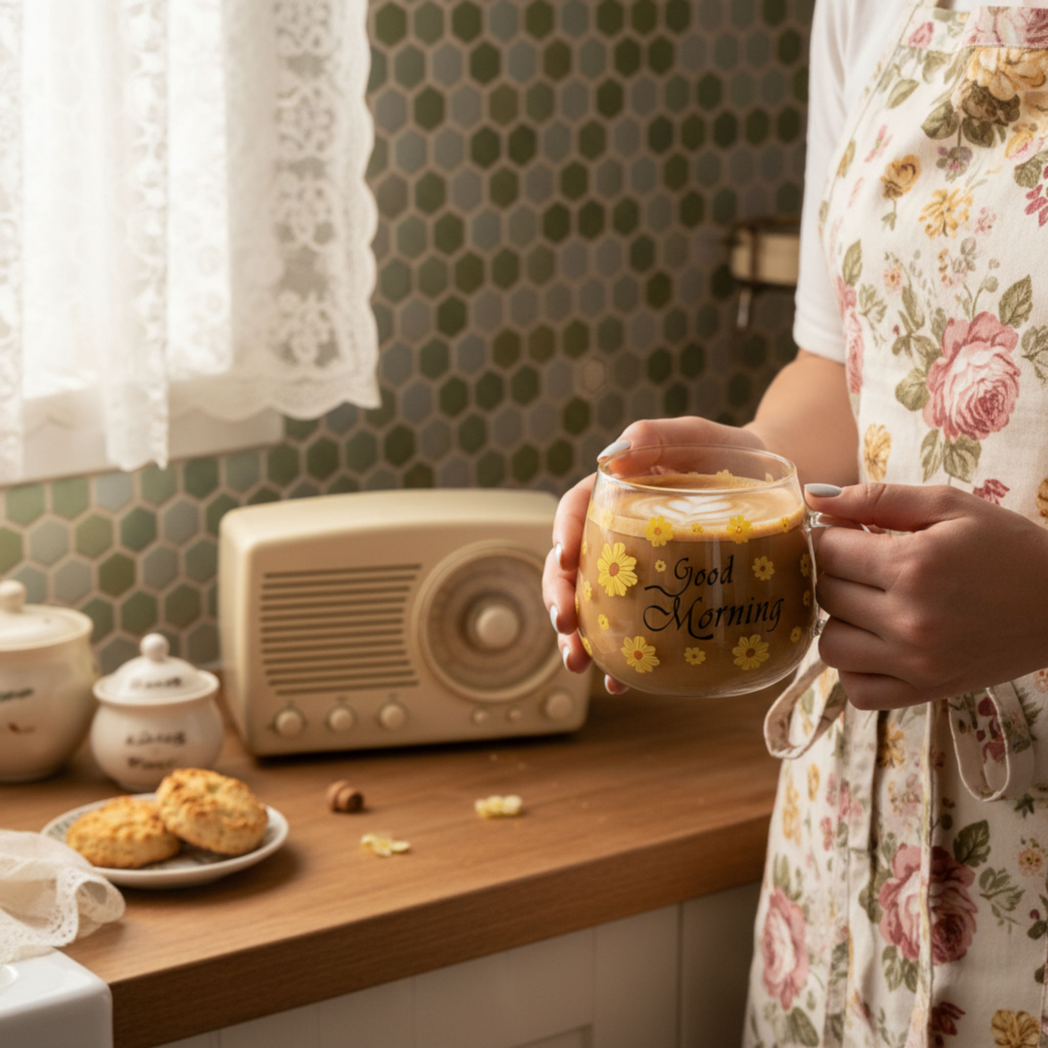 Mug en Verre Fleur Jaune "Good Morning" – Tasse Café & Latte Design