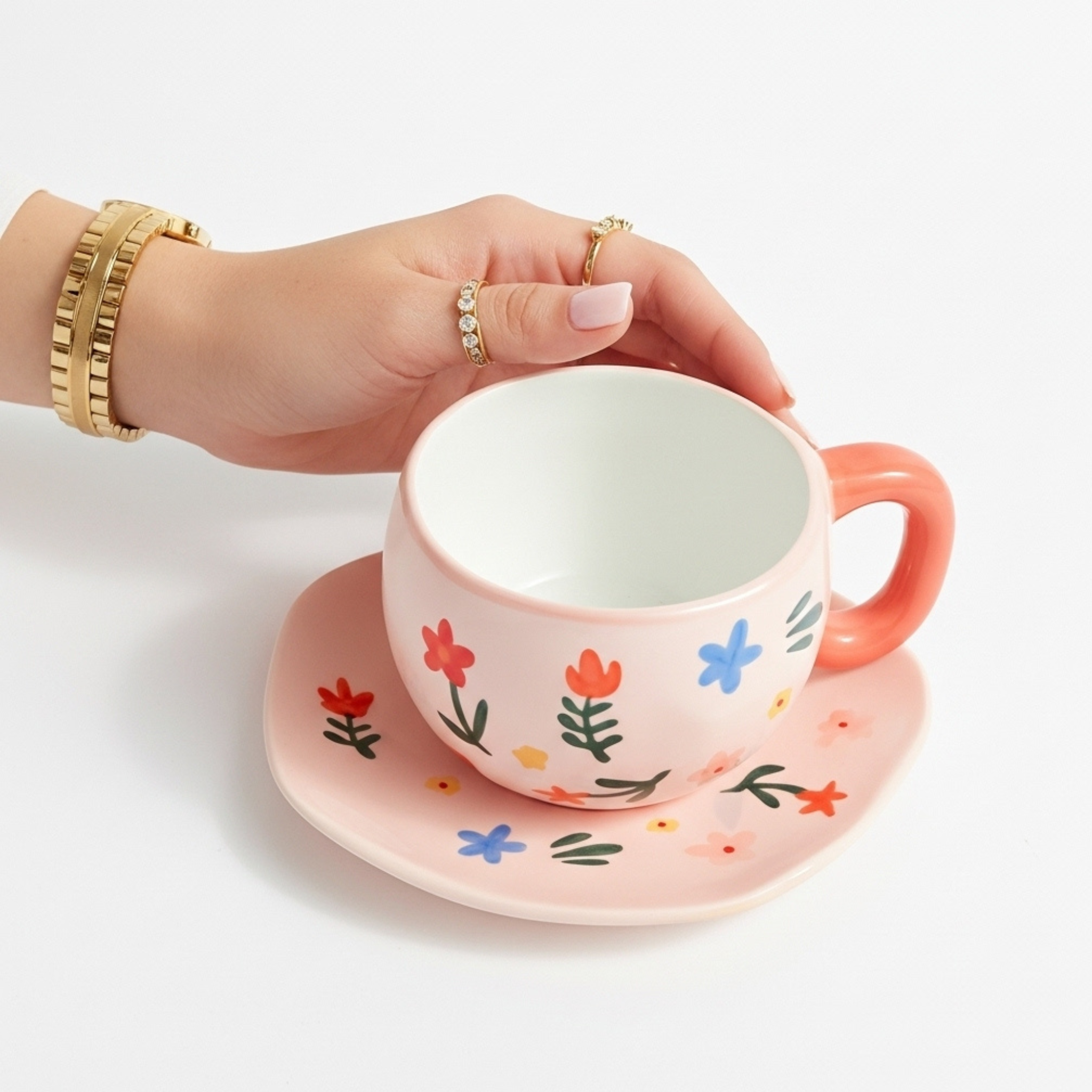Tasse Fleurie Rose – Céramique Élégante avec Soucoupe Fiolla Home