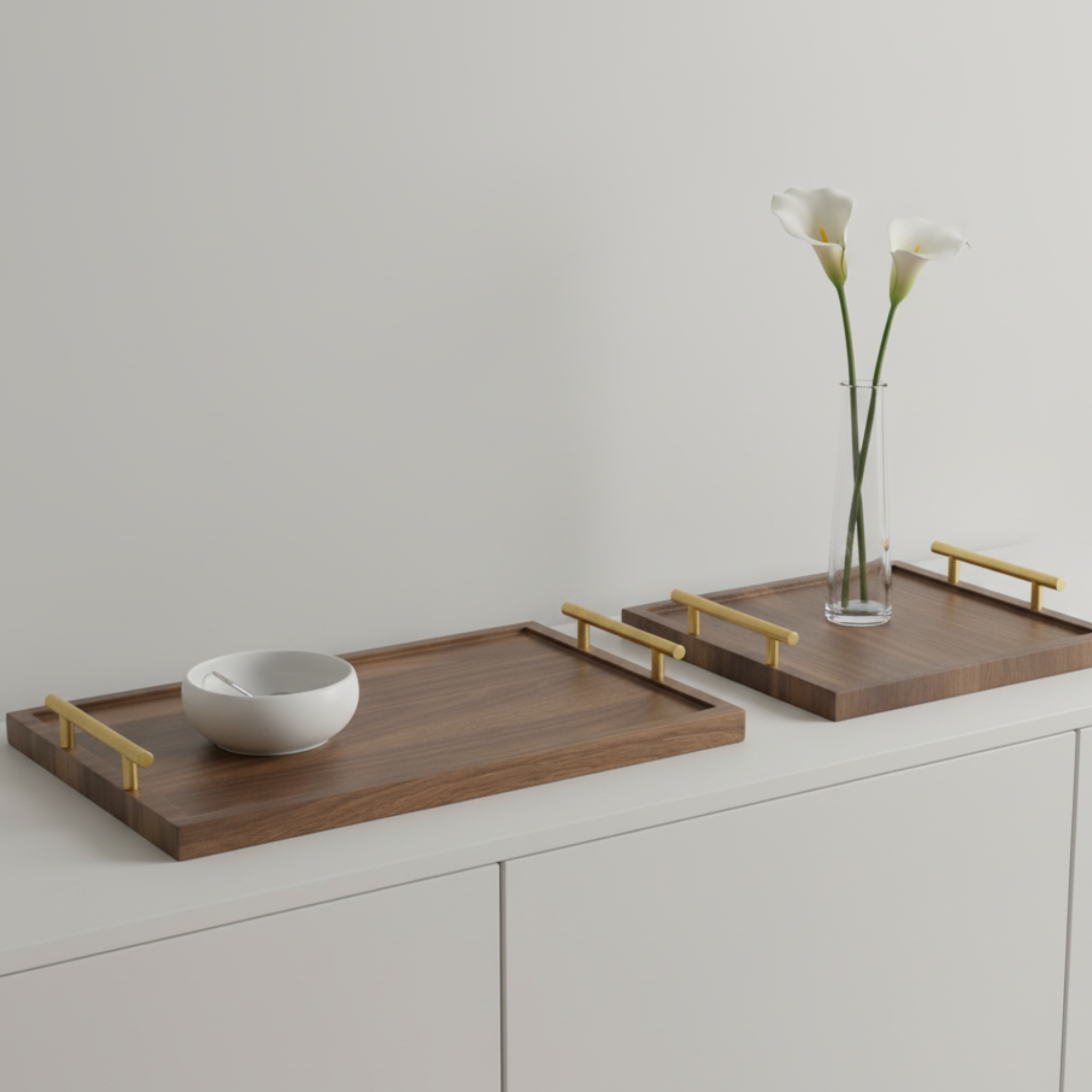 Plateaux en Bois de Noyer (Lot de 2) | Poignées Dorées | Fiolla Home