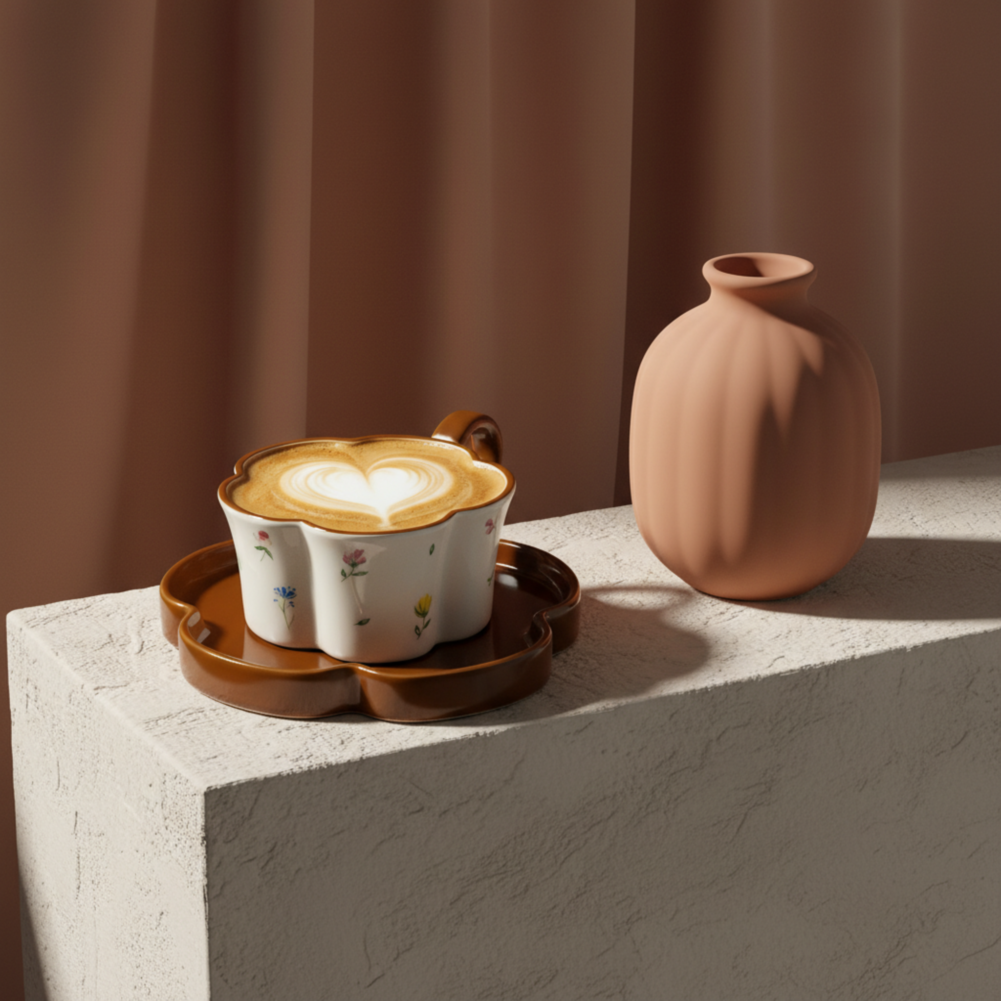 Tasse Fleur & Soucoupe Marron – Mug Cute Idée Cadeau Tunisie