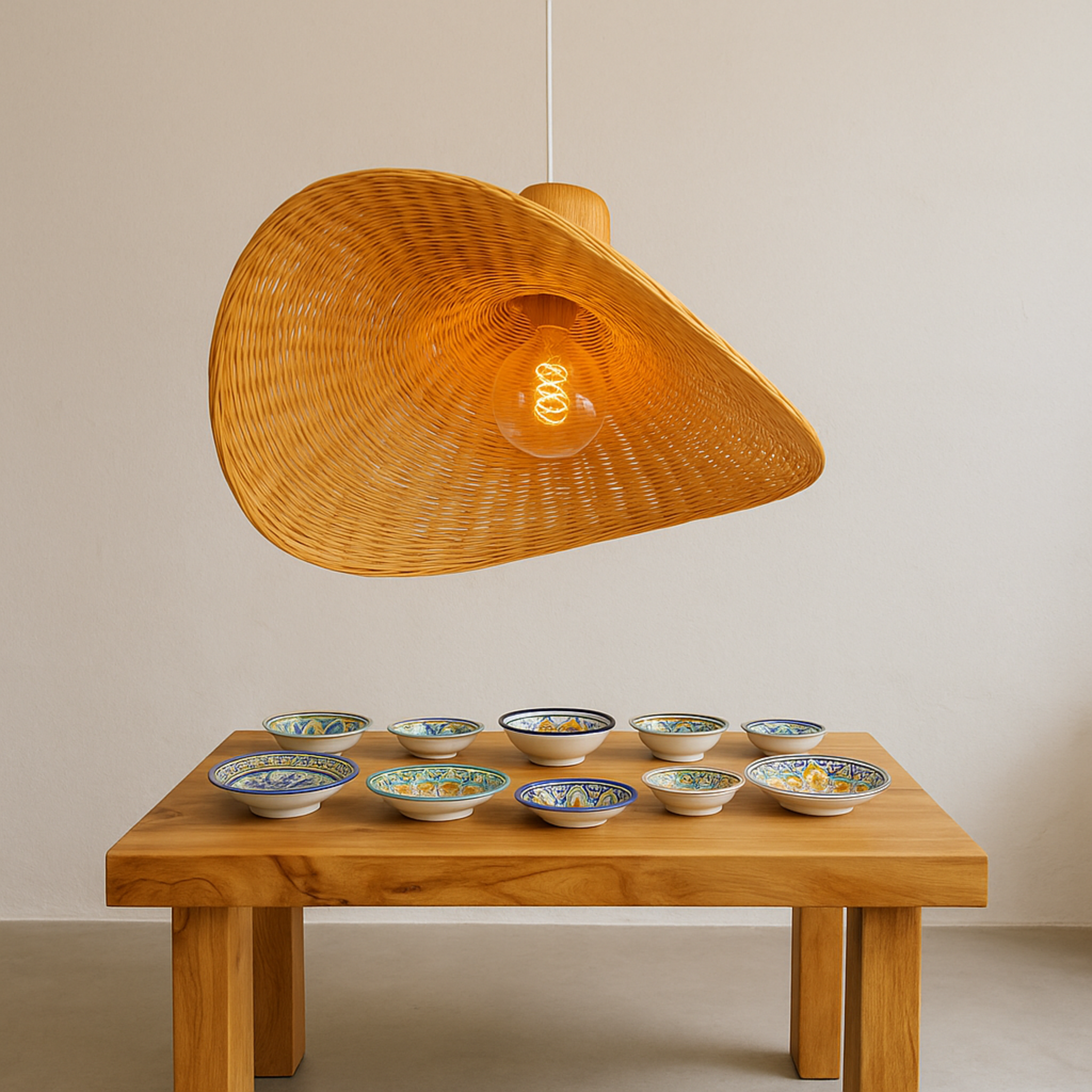 Lustre rotin industriel Tunisie | Forme asymétrique | Fiolla Home