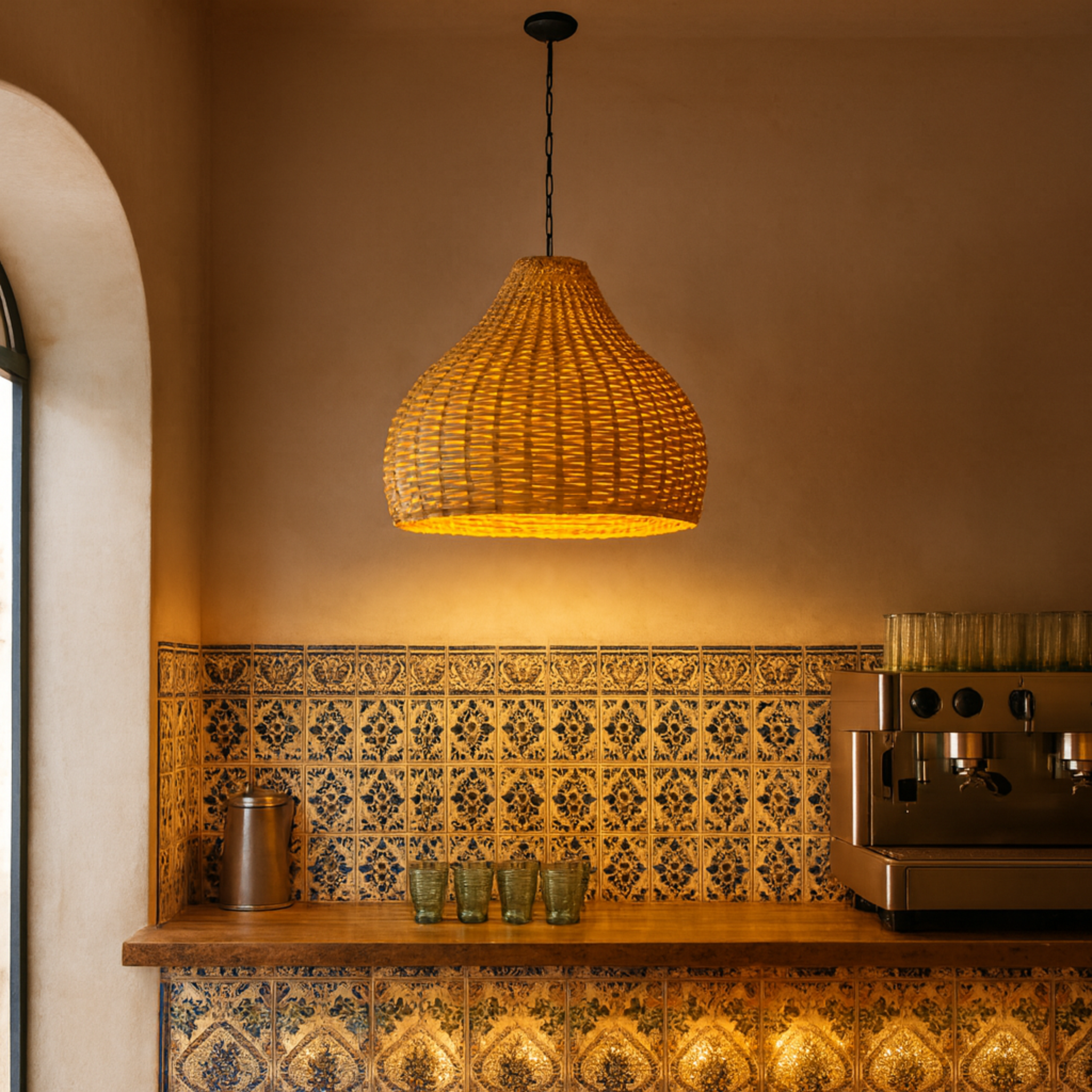 Suspension rotin sculptée | Éclairage doux & naturel | Fiolla Home