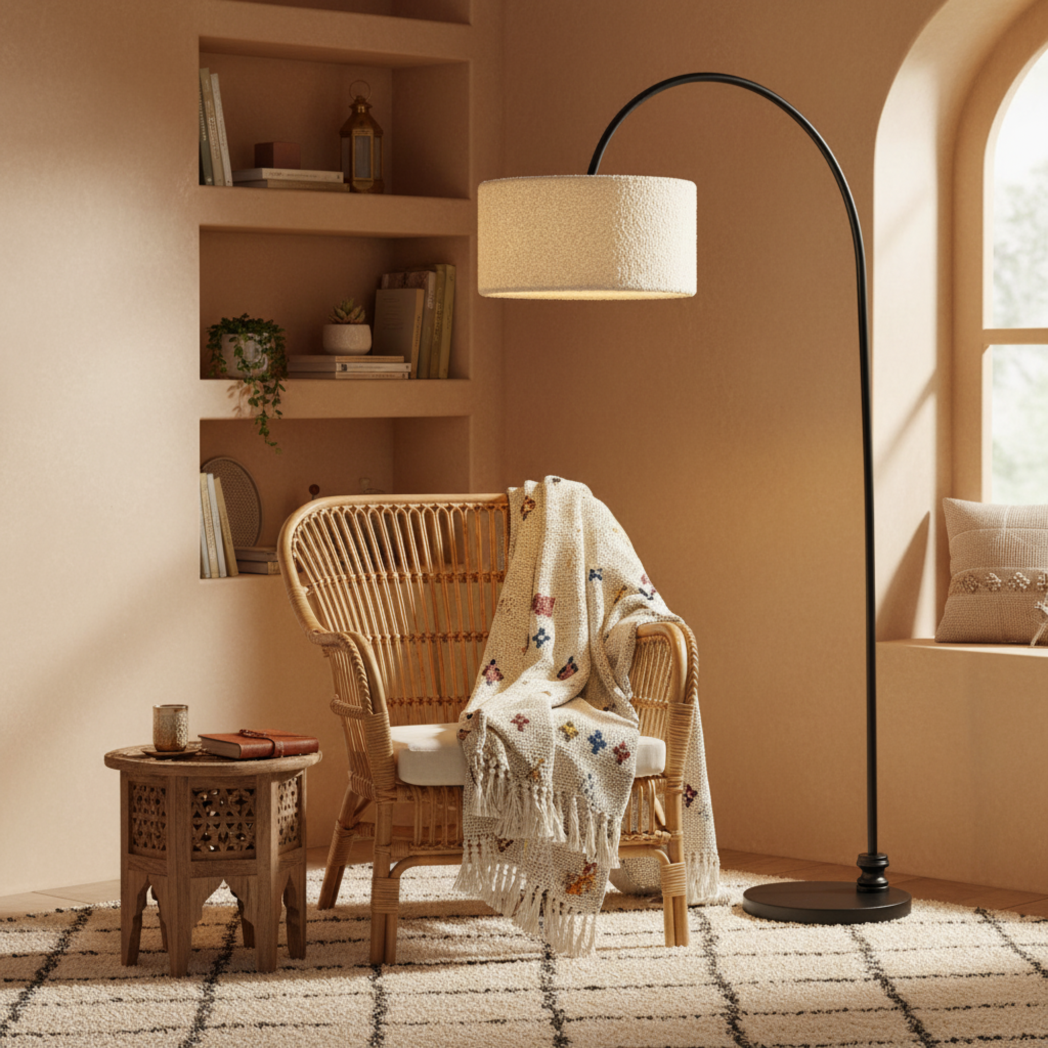 Lampadaire Girafe Design – Arc Métal & Abat-Jour Tissu Bouclette