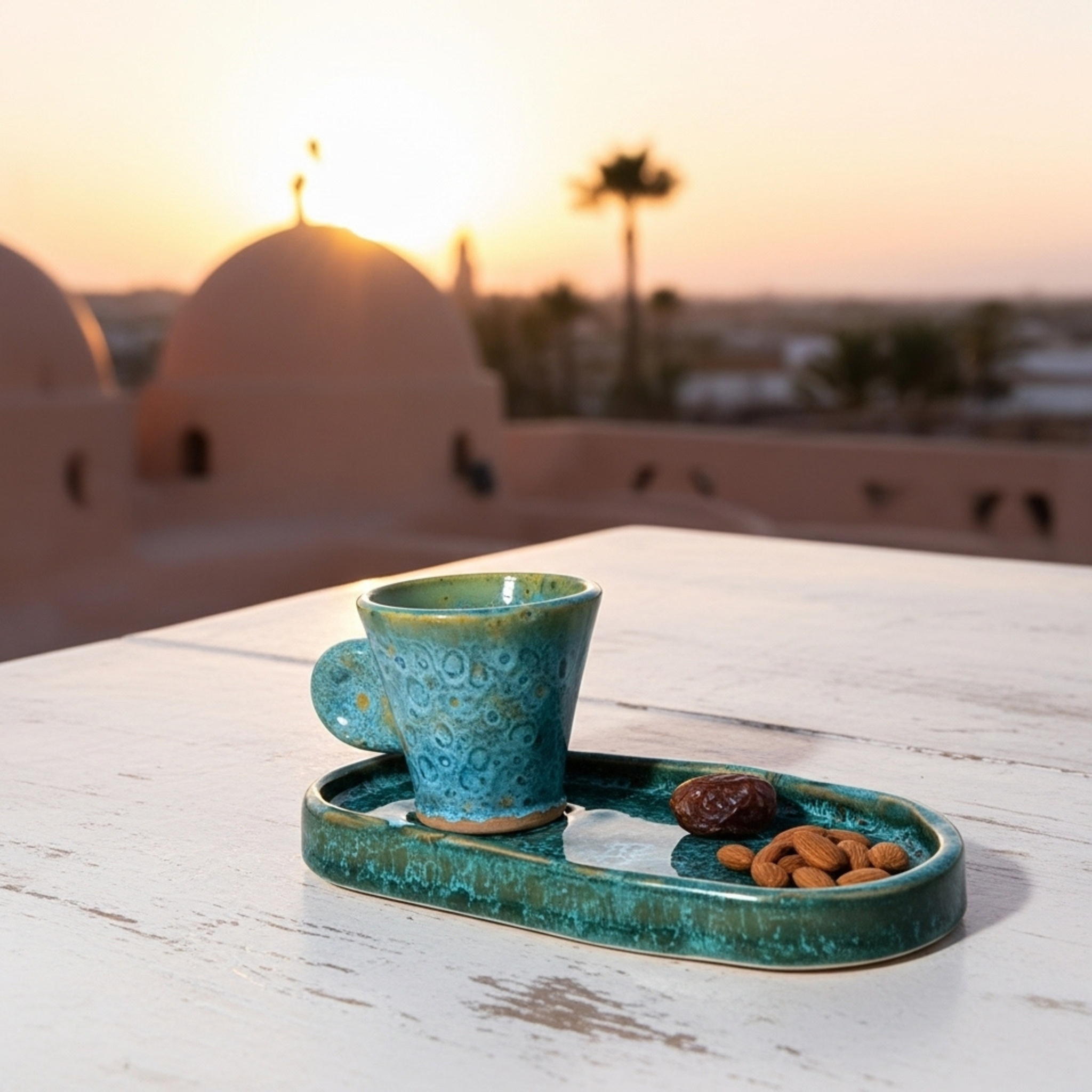 Set espresso en céramique – tasse + plateau, émail vert