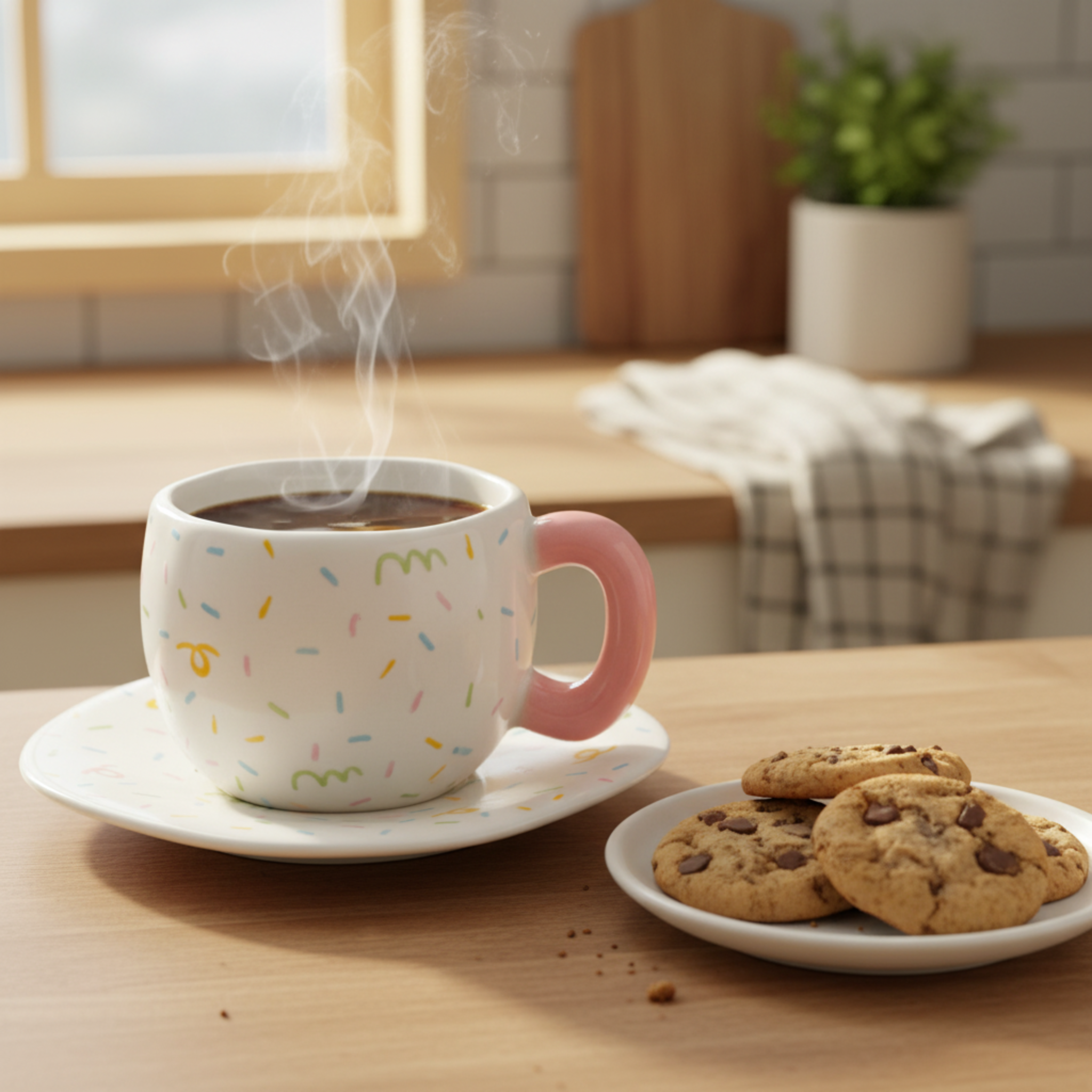 Mug Céramique Confettis & Anse Rose – Tasse Tendance avec Soucoupe