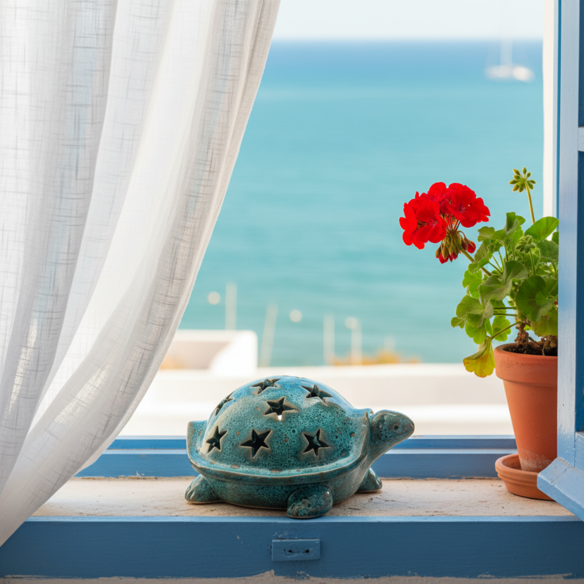 Tortue en céramique émaillée ajourée – Étoiles, style méditerranéen