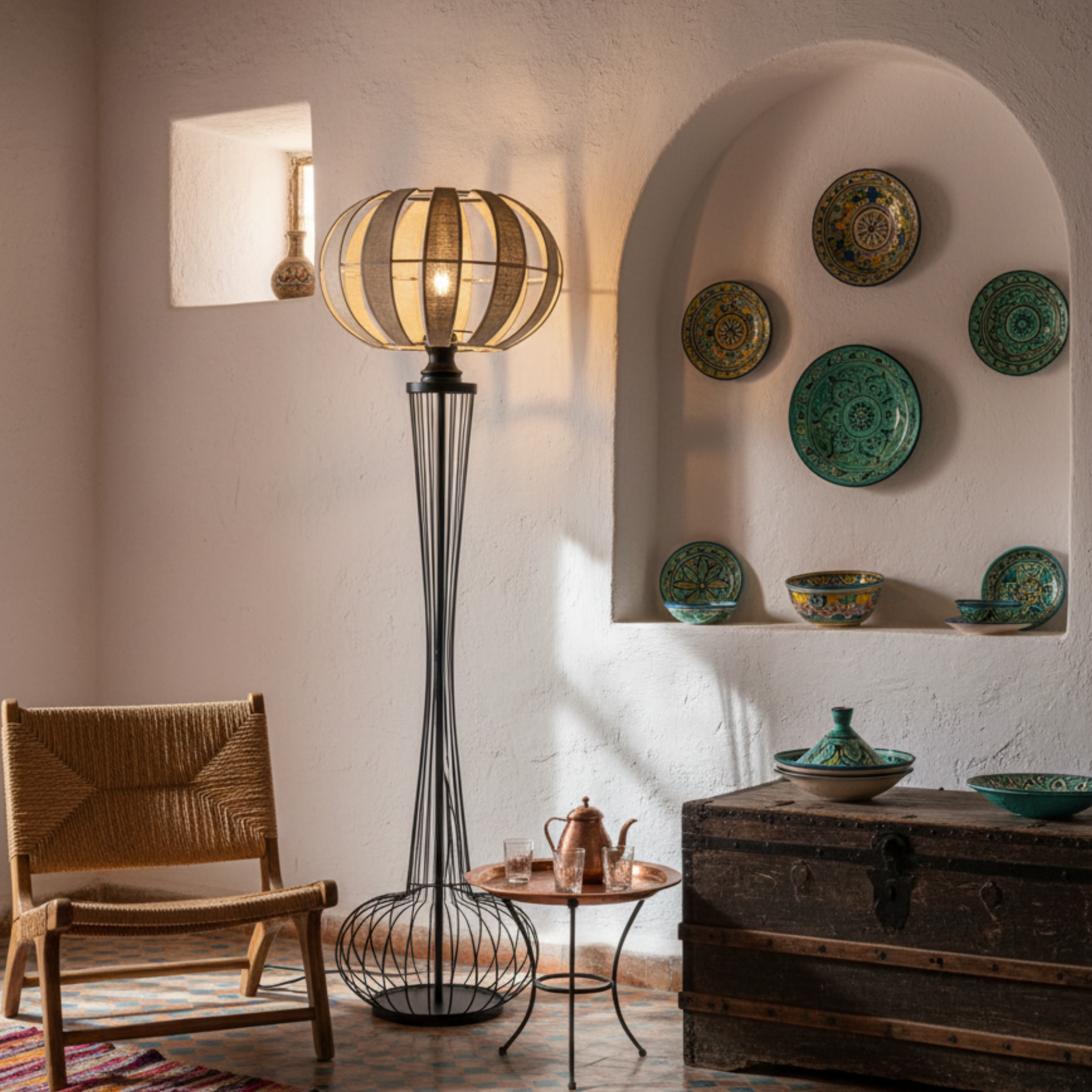 Lampadaire Design en Jute & Métal Noir | Luminaire Artisanal | Tunisie