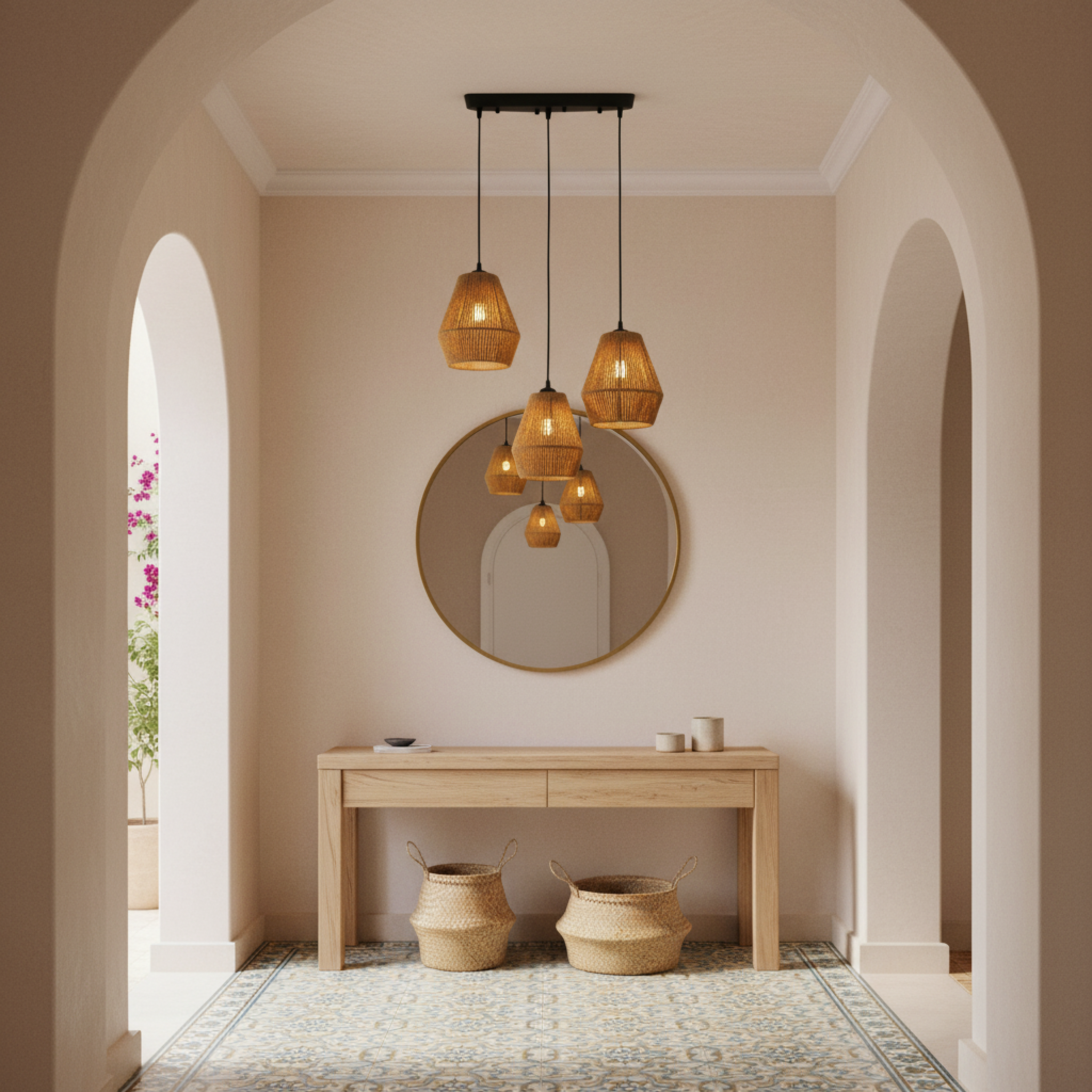 Suspension Barre 3 Lampes "Trio" – Lustre en Jute Tressé pour Îlot