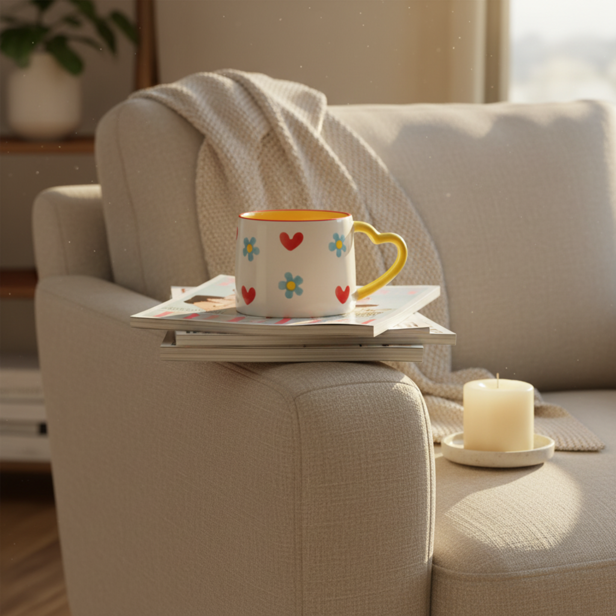 Mug Cœurs et Fleurs | Anse Jaune en Forme de Cœur