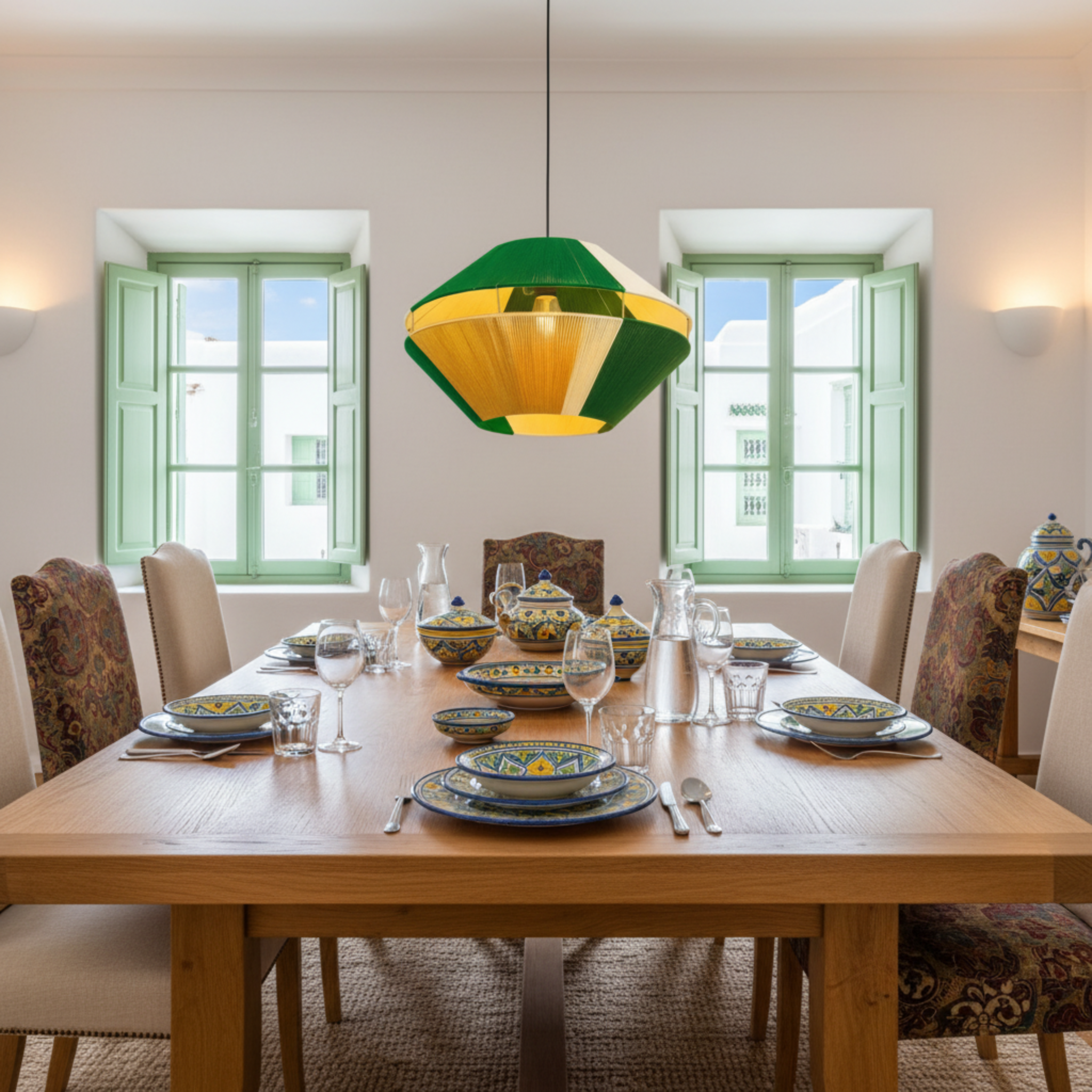 Suspension Géométrique Bicolore Vert & Jaune Fait Main | Design Tunisien Unique