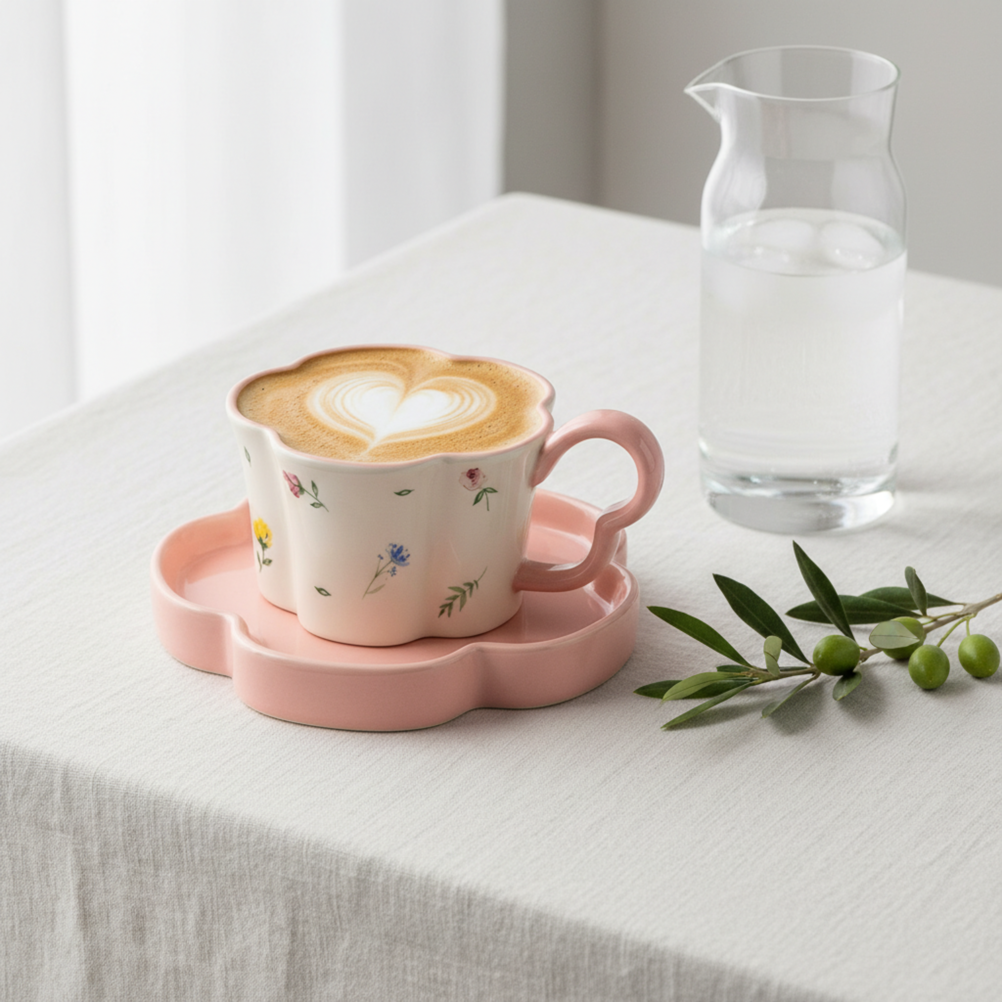 Mug Fleur Rose Céramique & Soucoupe – Idée Cadeau Cute Tunisie