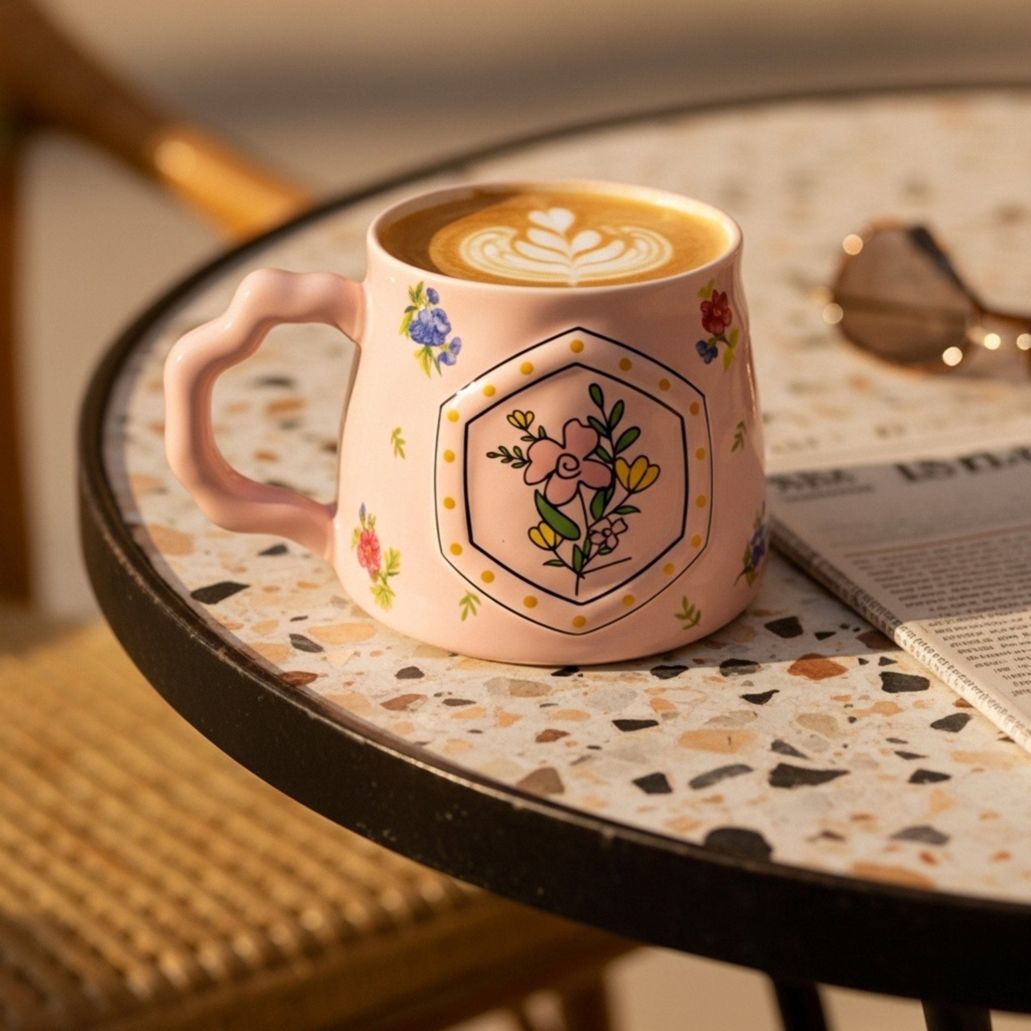 Mug Céramique Fleurie – Anse Sculptée, Minimal | Fiolla Home