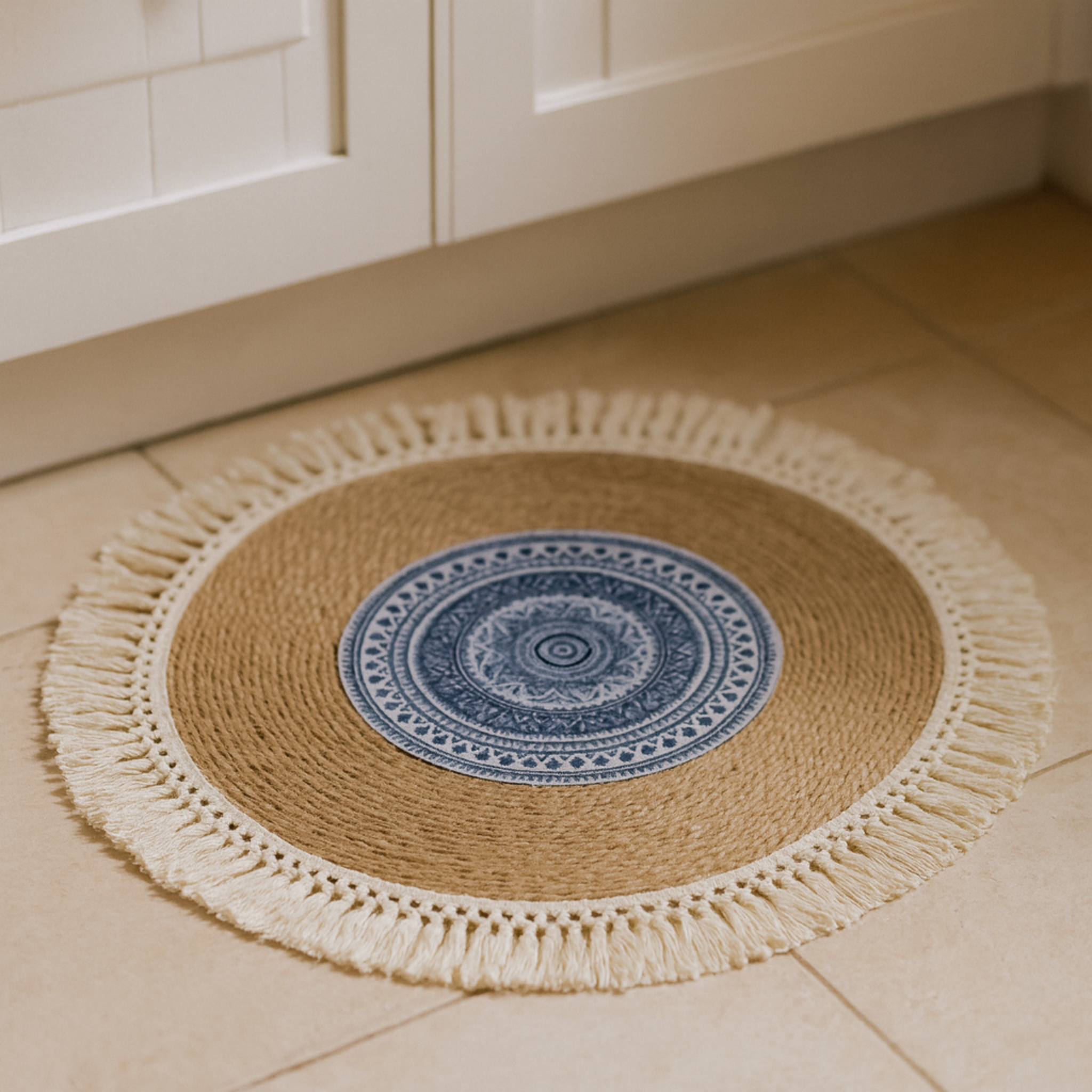 Tapis rond jute mandala bleu à franges | Tunisie | Fiolla Home
