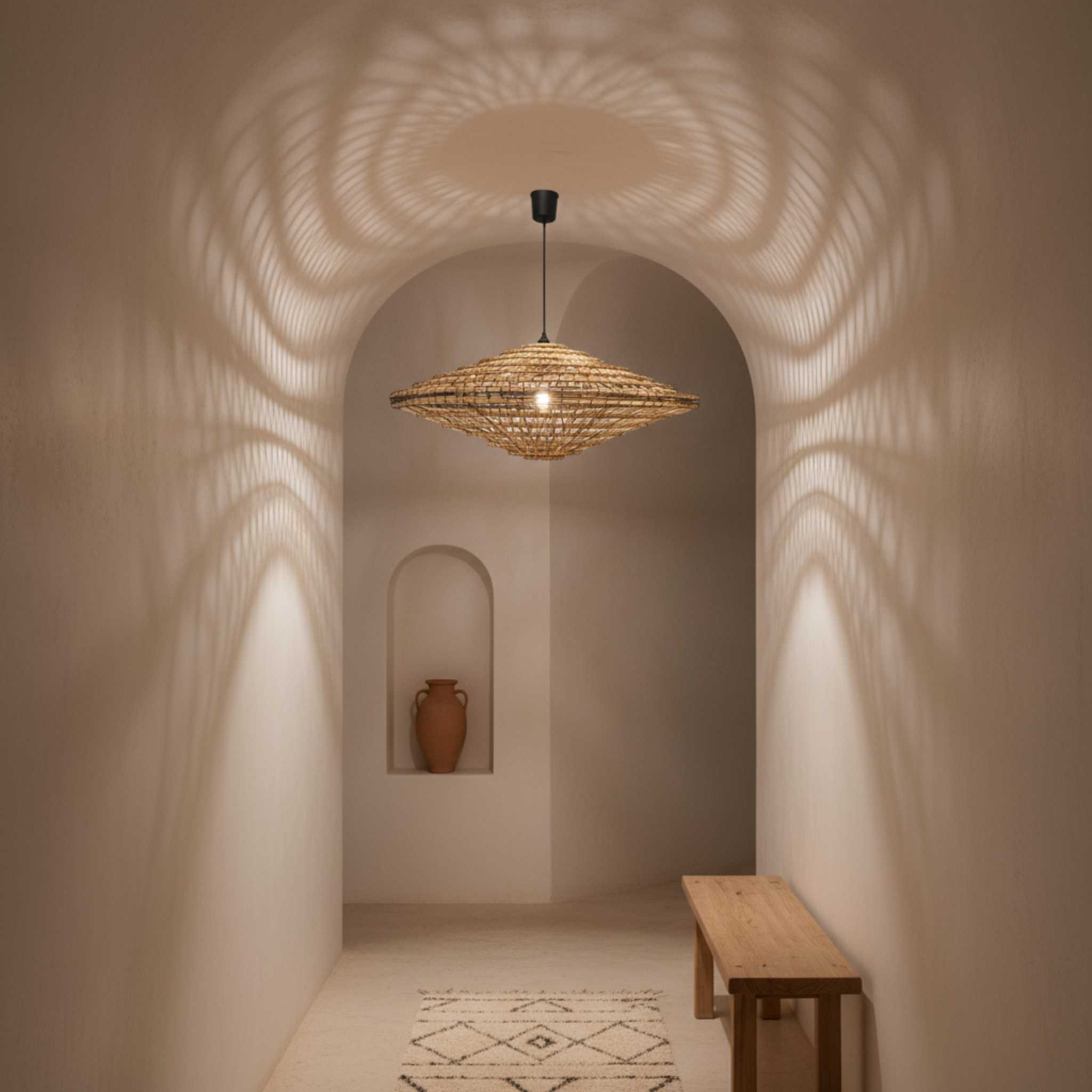 Lustre artisanal en fibres de dattes – Suspension bohème et naturelle