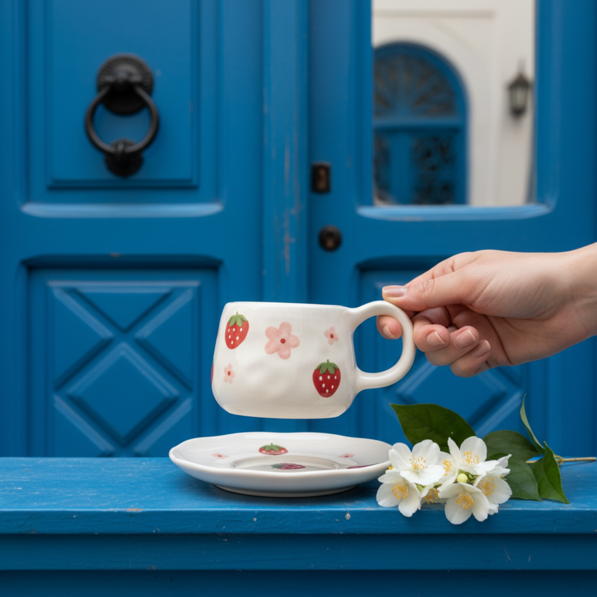 Tasse Céramique Motif Fraise & Soucoupe – Design Floral Tendance