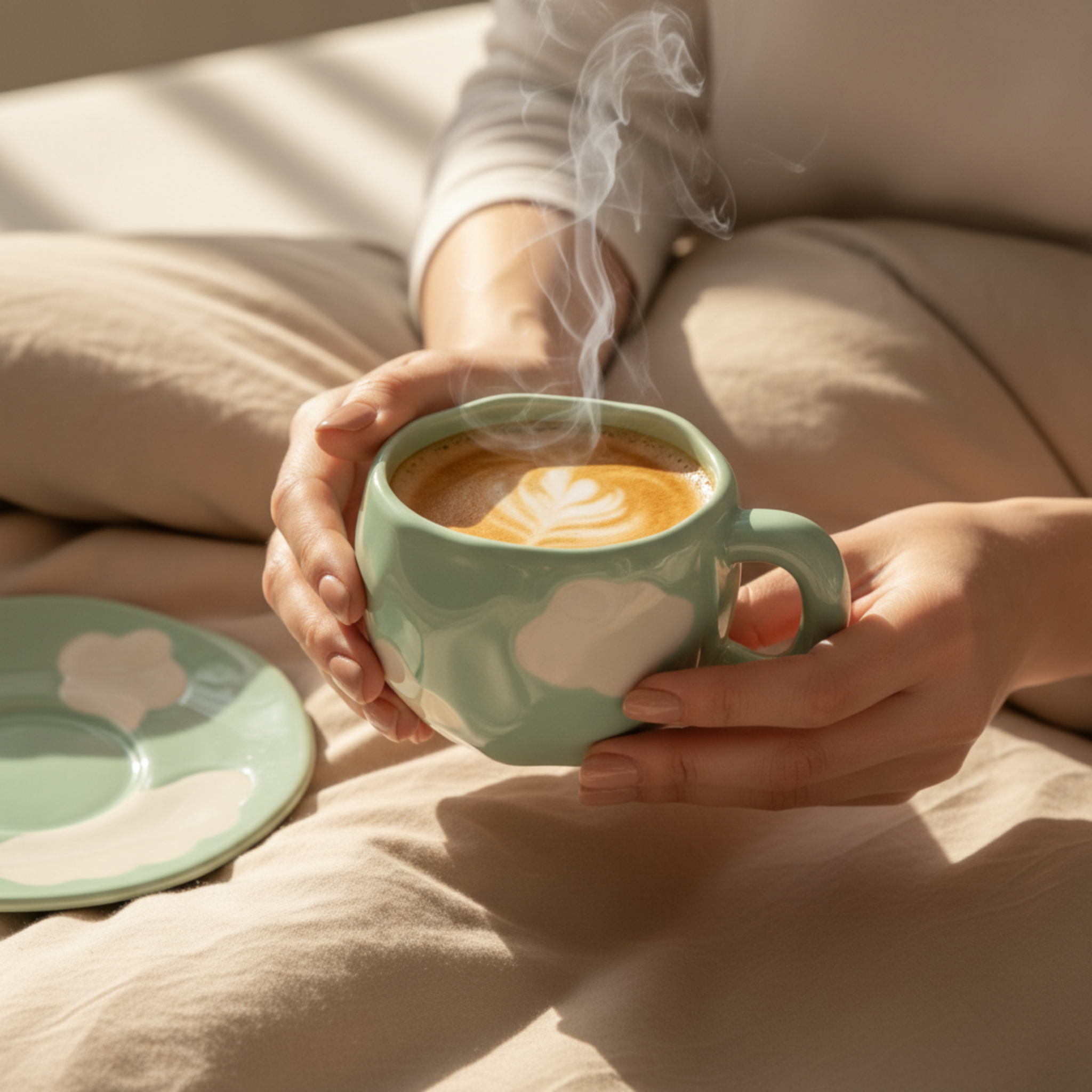 Mug Céramique "Nuage" — Tasse Design Chunky & Soucoupe (Pastel)