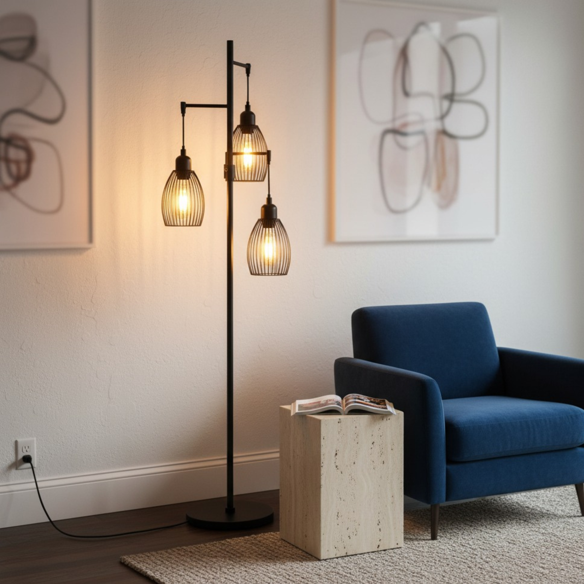 Lampadaire métal noir Tunisie | 3 abat-jours cage, LED | Fiolla Home