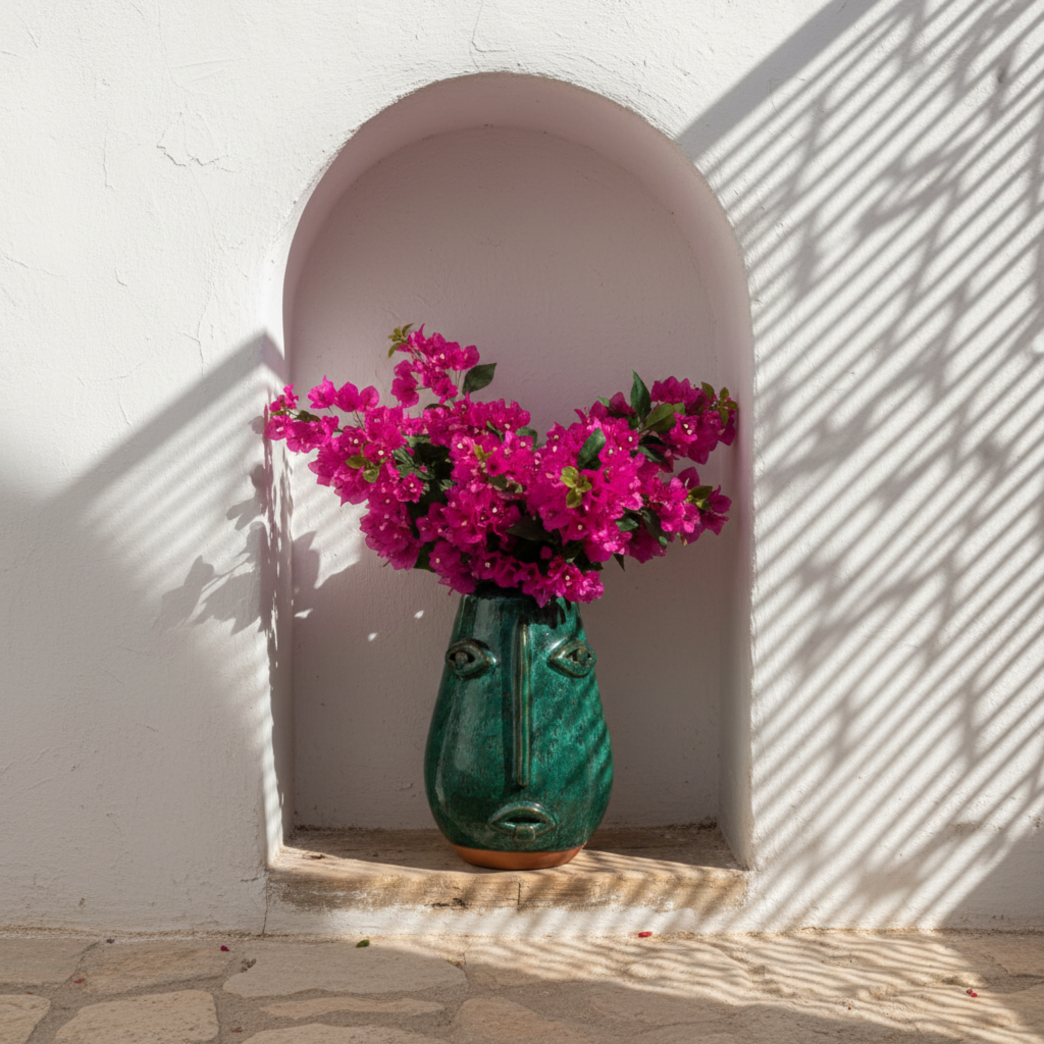 Vase Visage en Céramique Émaillée – Vert Émeraude, style tunisien