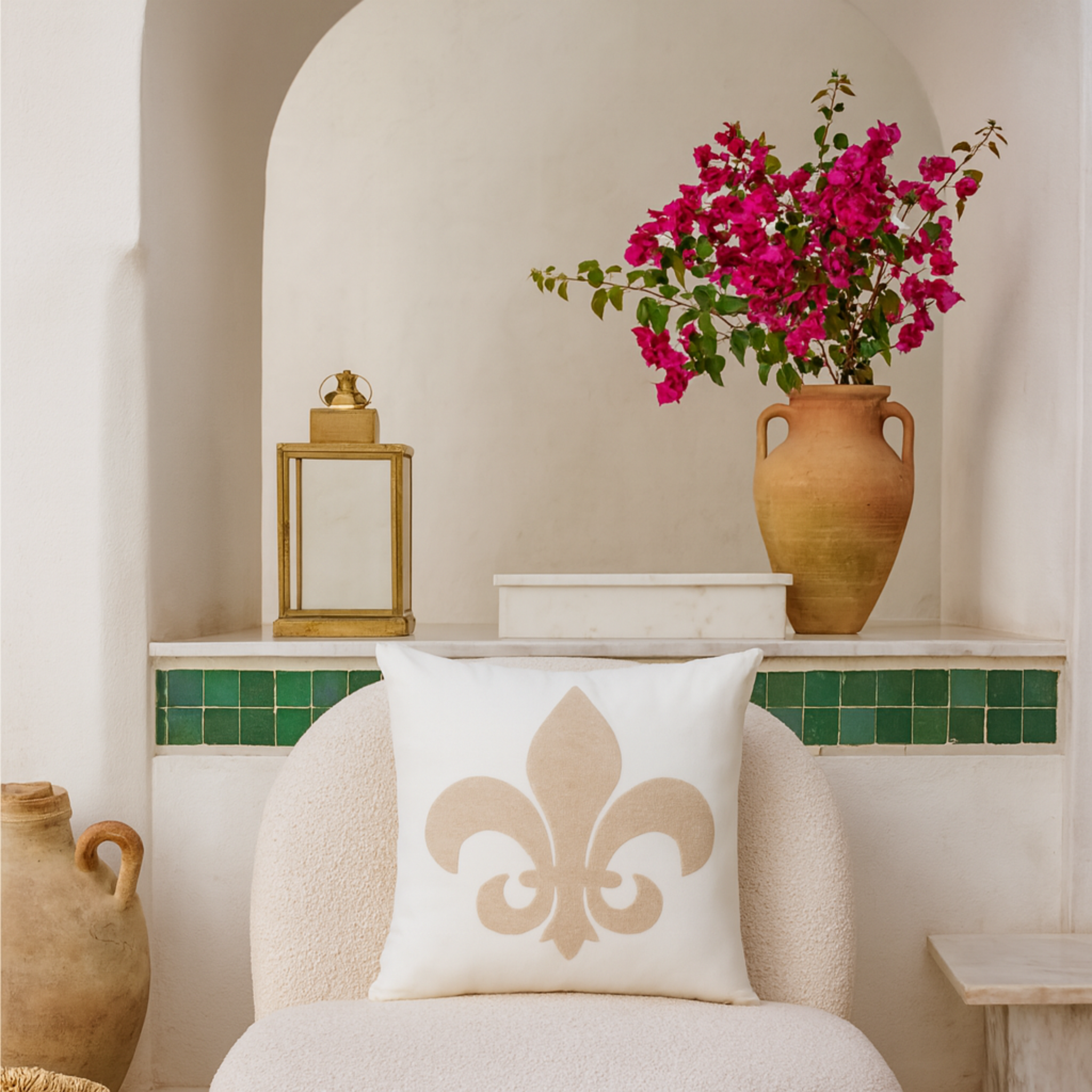 Coussin Fleur de Lys Beige – Élégance Classique | Fiolla Home Tunisie