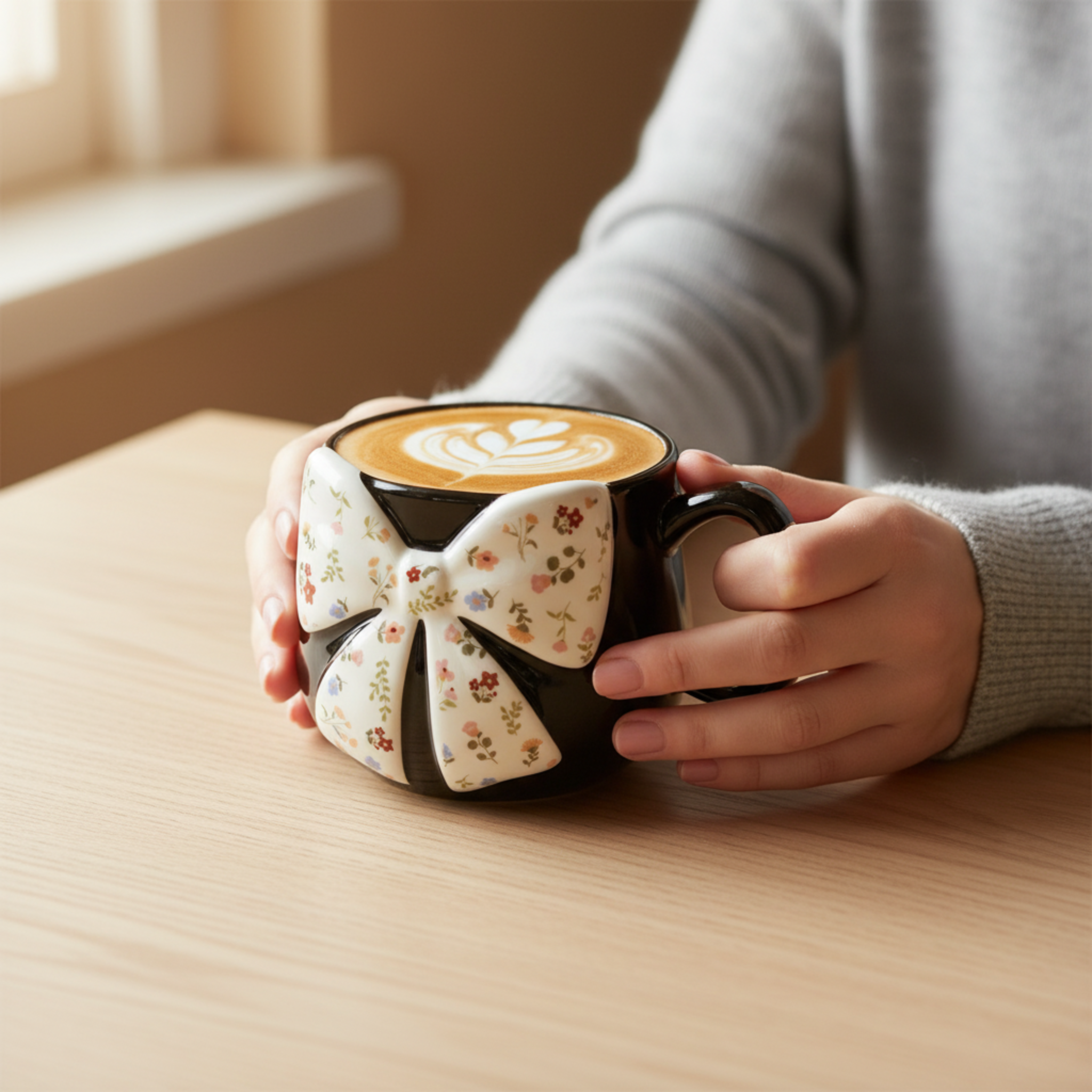 Mug Céramique Noir & Nœud Floral – Tasse Design Chic & Tendance