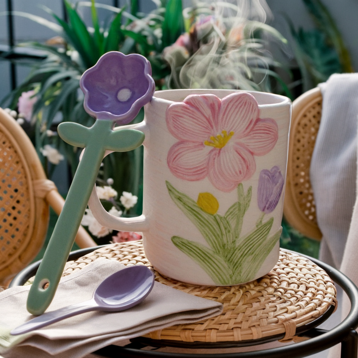 Mug Fleurs Céramique | Cuillère Fleur & Design Élégant | Fiolla Home