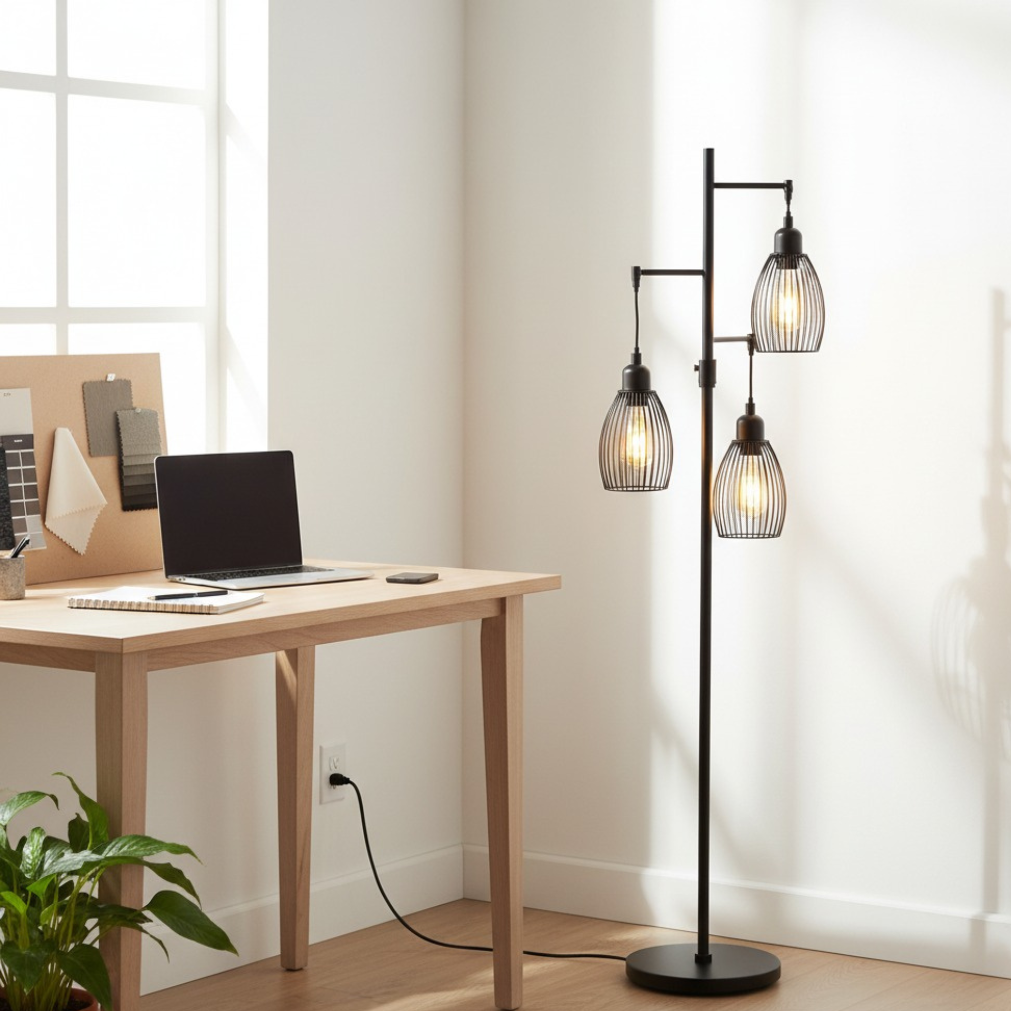 Lampadaire métal noir Tunisie | 3 abat-jours cage, LED | Fiolla Home