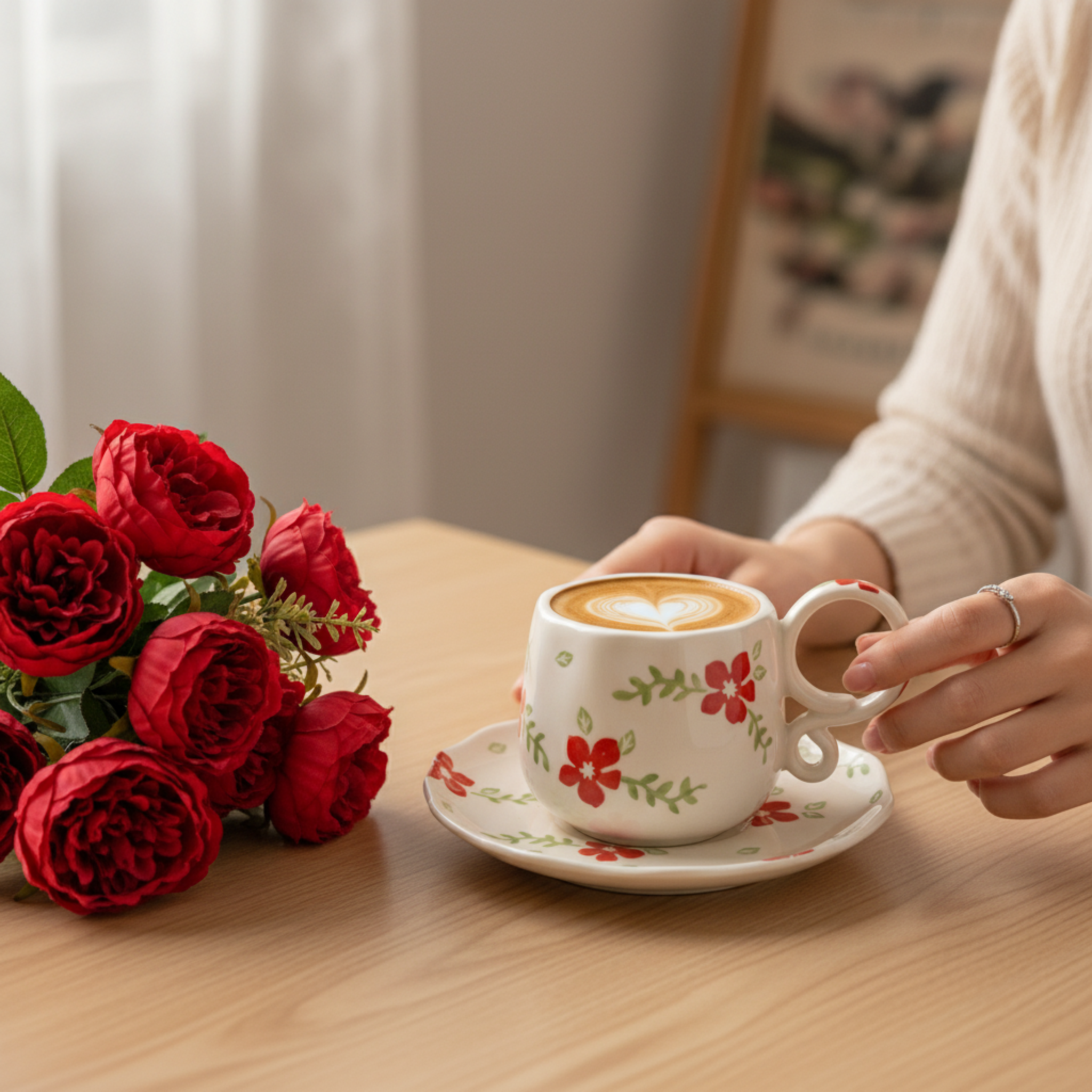 Tasse à Café en Céramique Motif Fleurs Rouges & Soucoupe – Design Chic