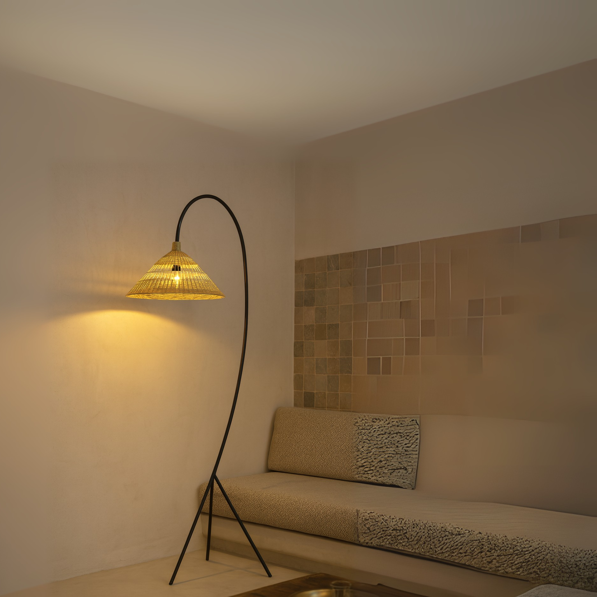 Lampadaire Arc Rotin Tunisie | Métal Noir Design | Fiolla Home