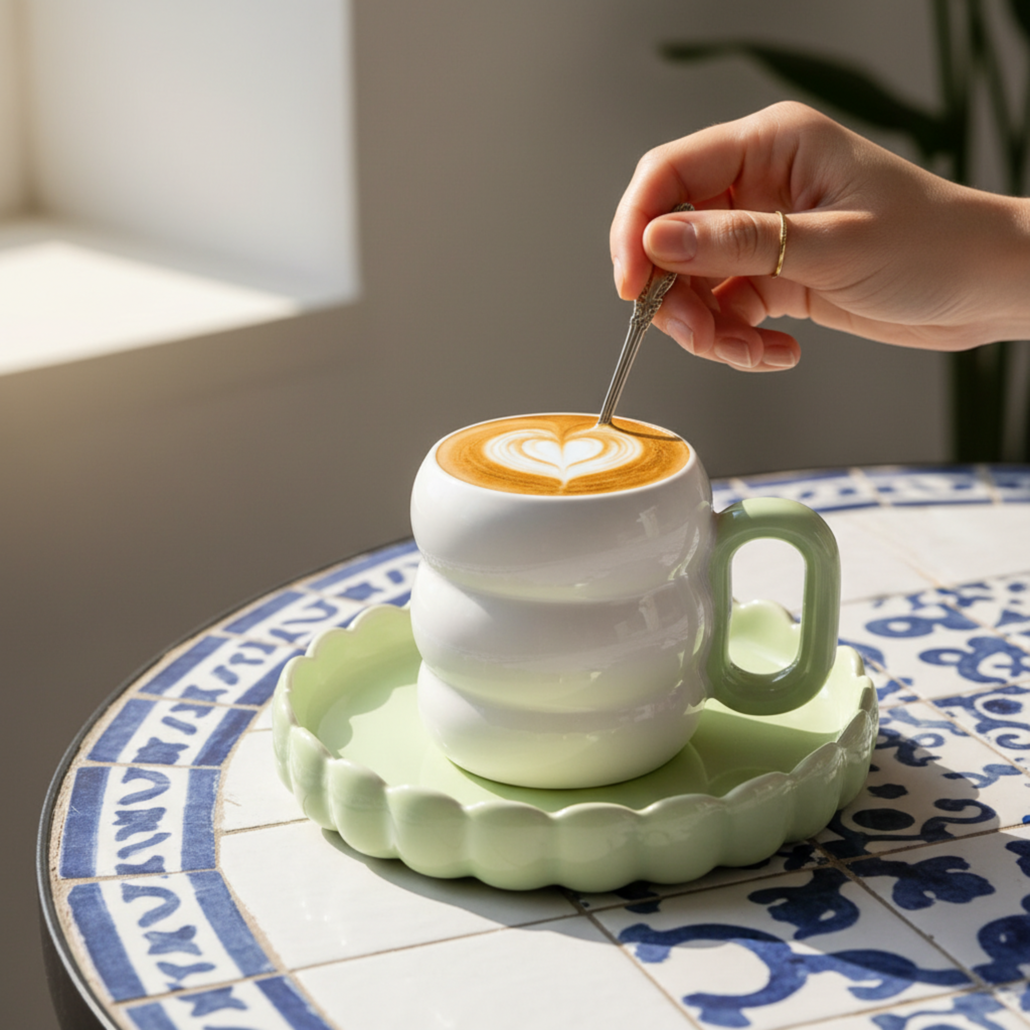 Tasse Bubbles Artisanale – Céramique Blanche & Vert Menthe