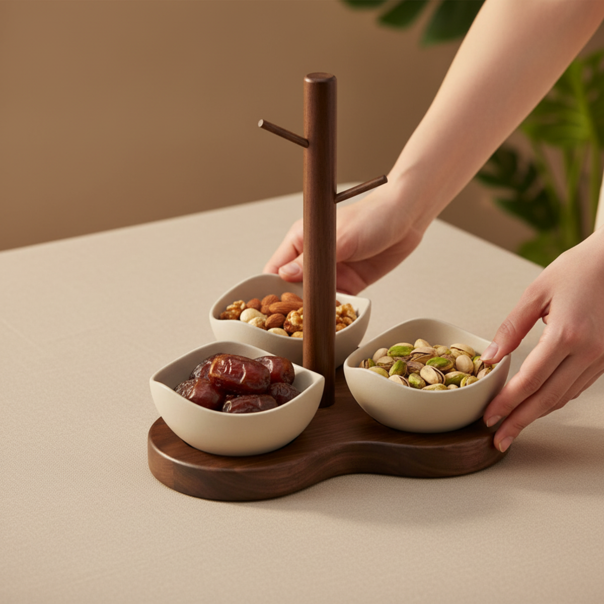 Service Apéritif Design Bois & 3 Bols Céramique – Élégance Naturelle
