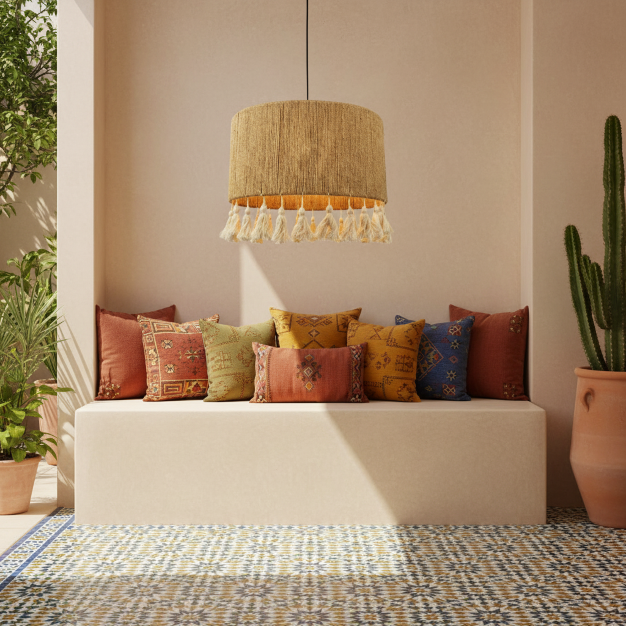 Suspension "Lella" – Lustre Tambour Large en Jute Tressé et Pompons