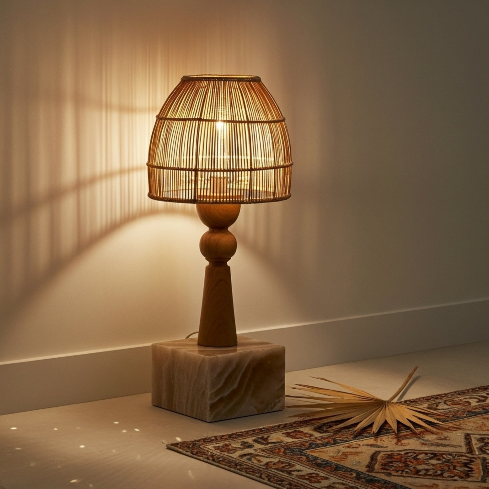 Lampe de table artisanale – base en bois d’olivier & abat-jour en fibres de palmier