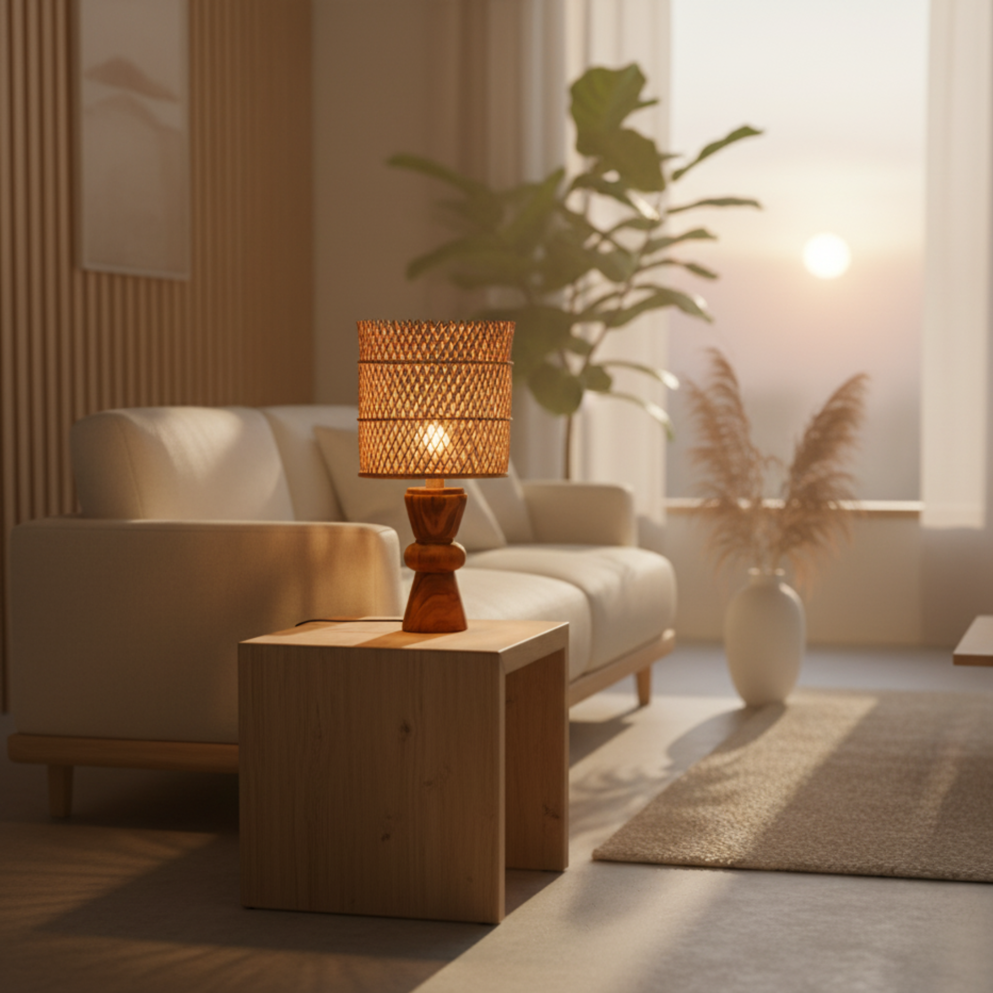 Lampe Veilleuse Bois d'Olivier | Abat-jour Palmier | Fiolla Home Tunisie