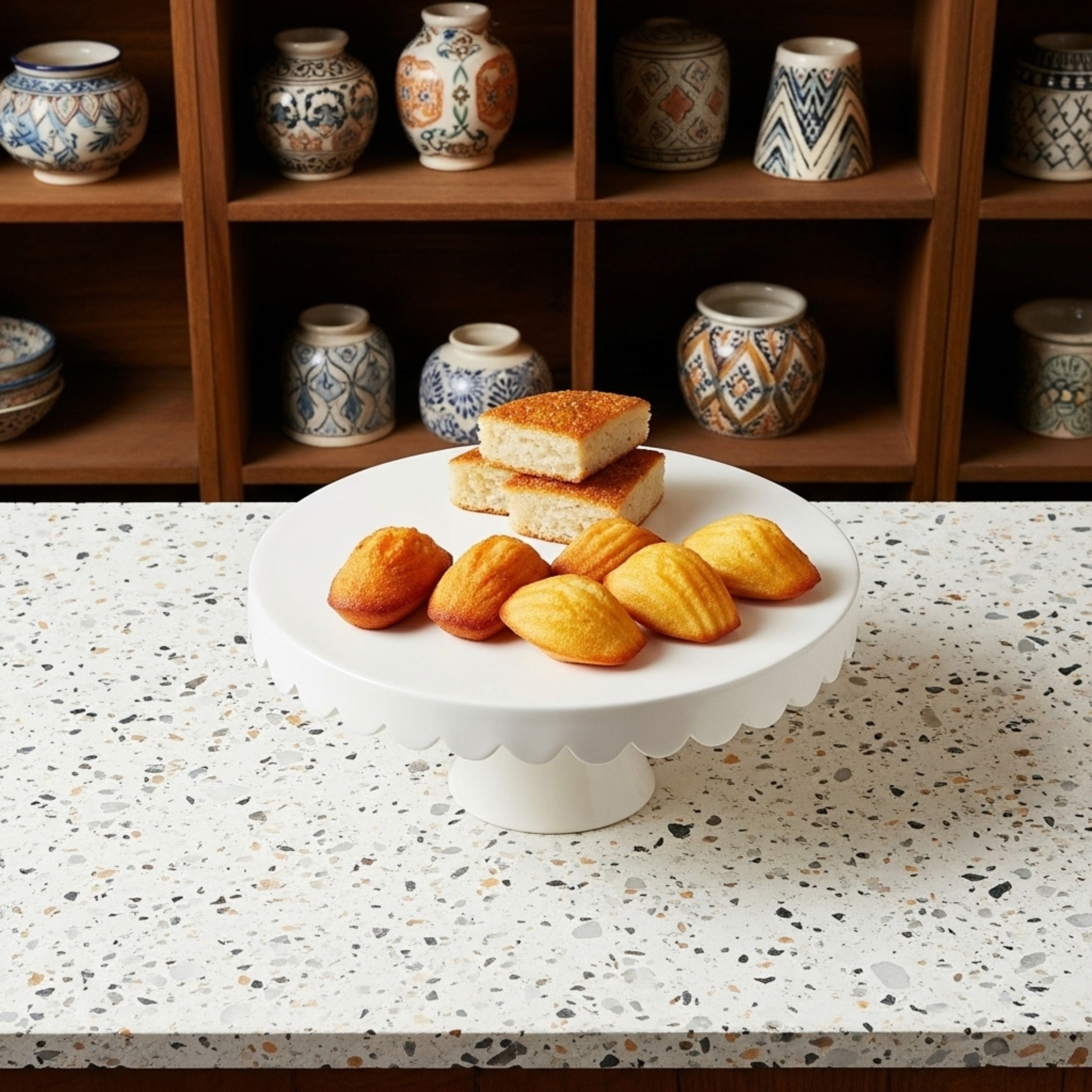 Présentoir à gâteau en céramique – Blanc ivoire, bord ondulé (100% fait main, Tunisie)