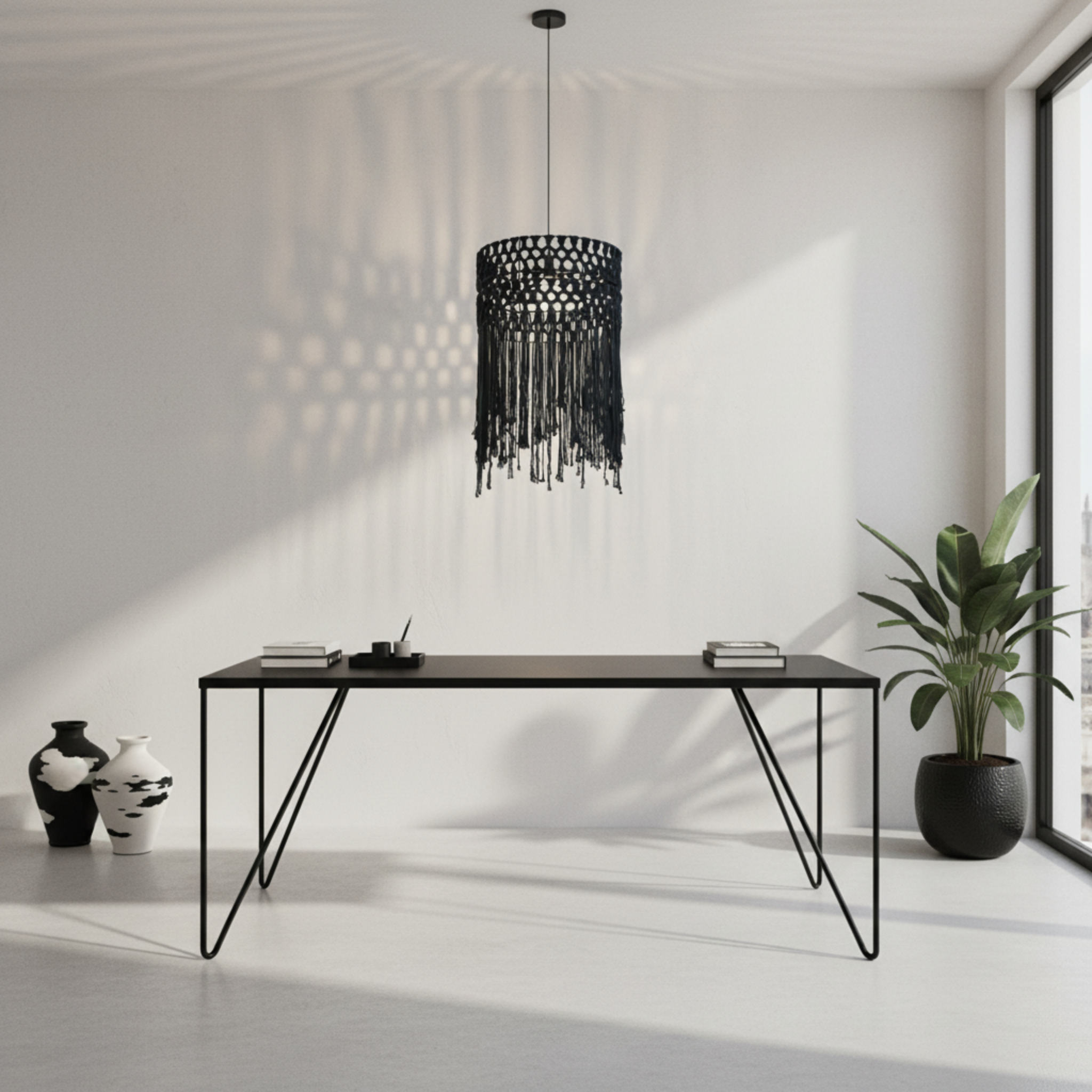 Suspension Macramé Noir Franges | Design Bohème Chic | Tunisie