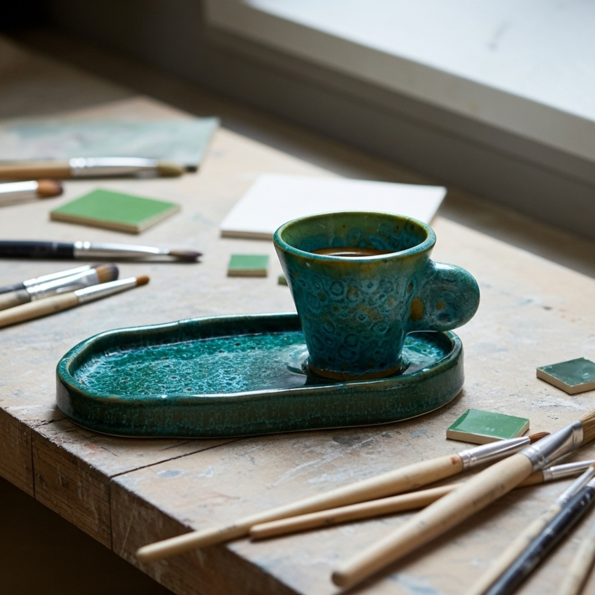 Set espresso en céramique – tasse + plateau, émail vert